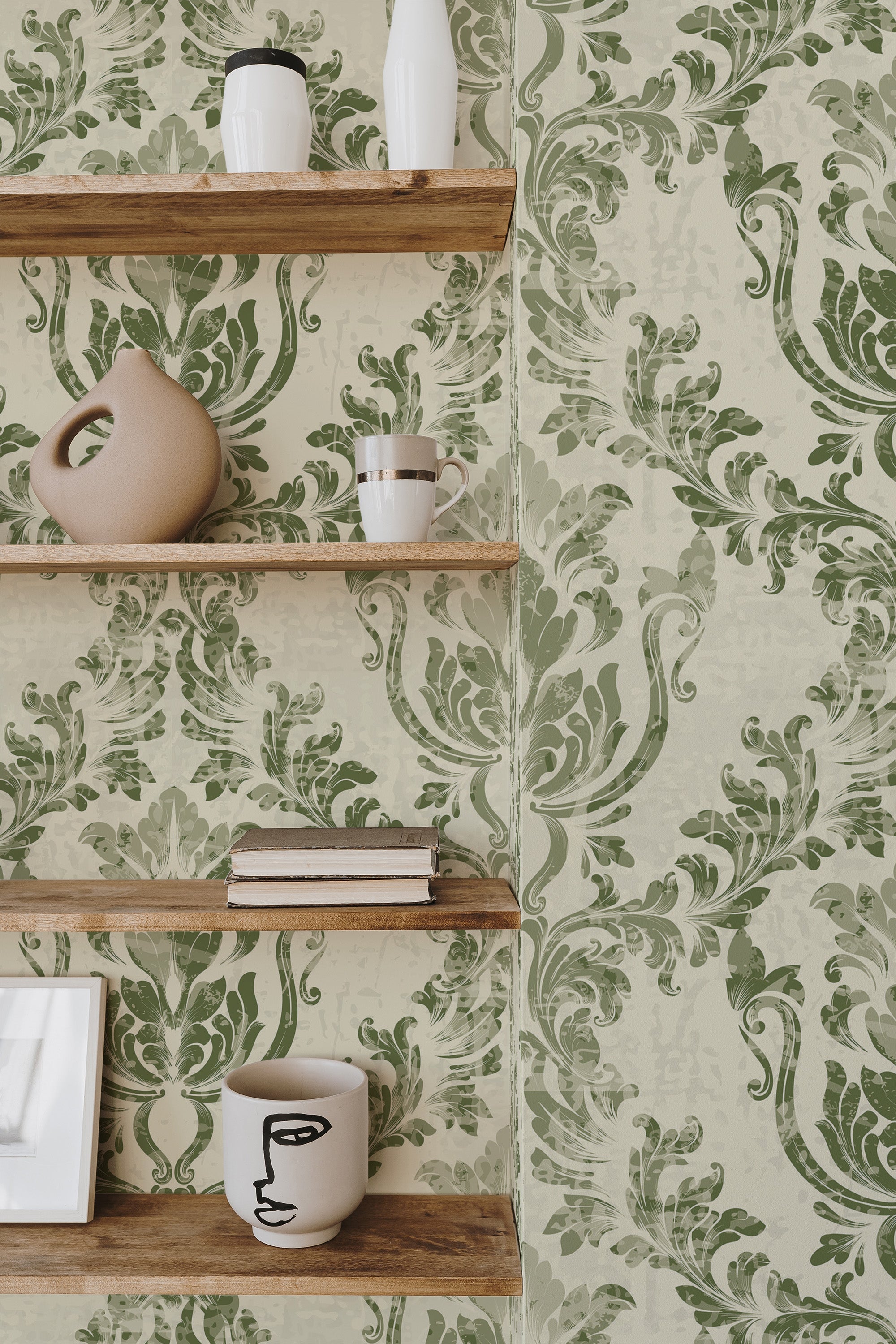 wooden shelf decor living room interior earthy damask accent wall