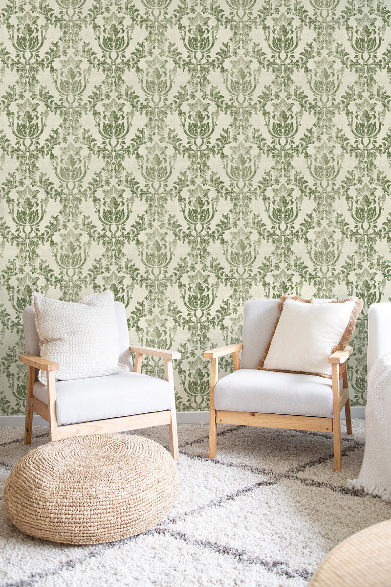 cozy living room soft armchairs pillows earthy damask wall decor