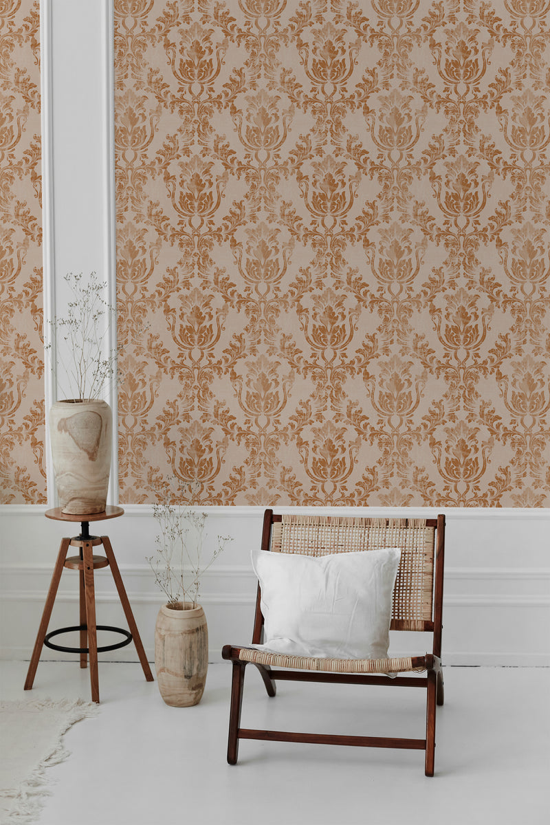 modern living room rattan chair decorative vase brown damask pattern