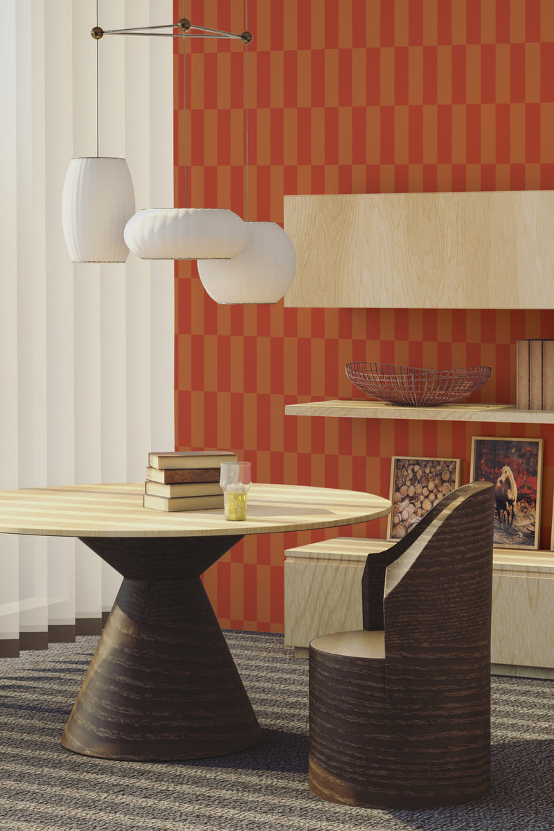 living room dining table wooden furniture light geometric terracotta  wall paper peel and stick