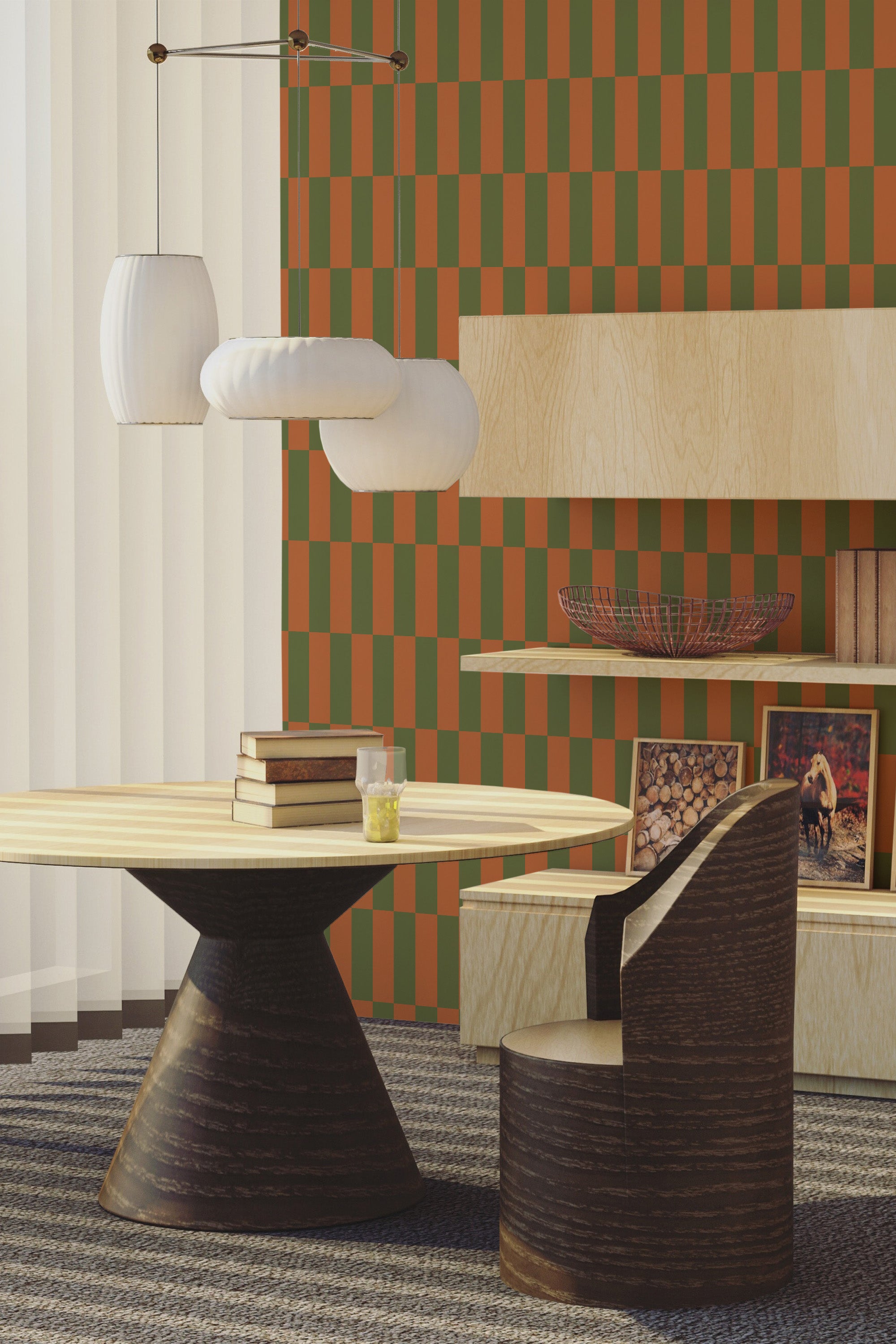 living room dining table wooden furniture light green and orange geometric wall paper peel and stick
