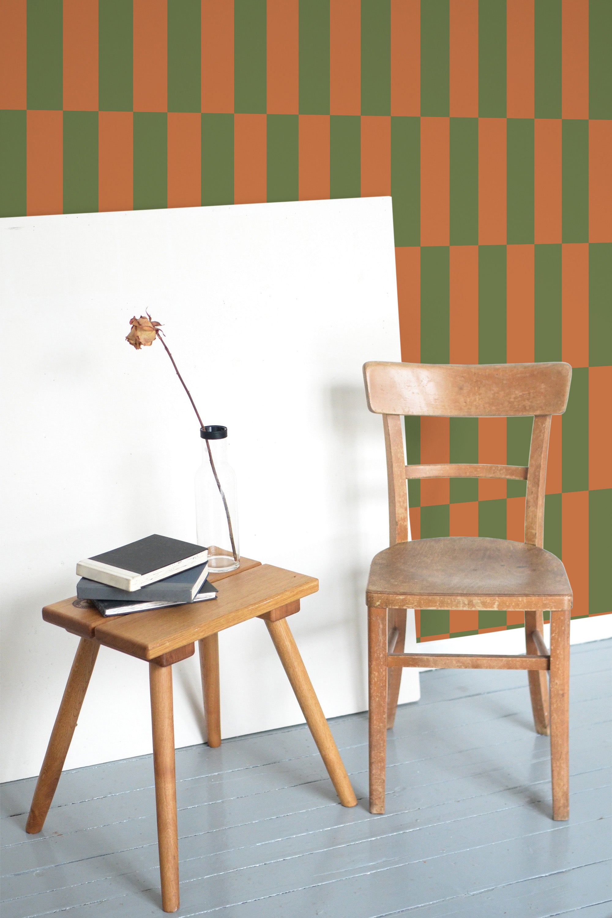 wooden table chair decorative plant blank canvas green and orange geometric self adhesive wallpaper