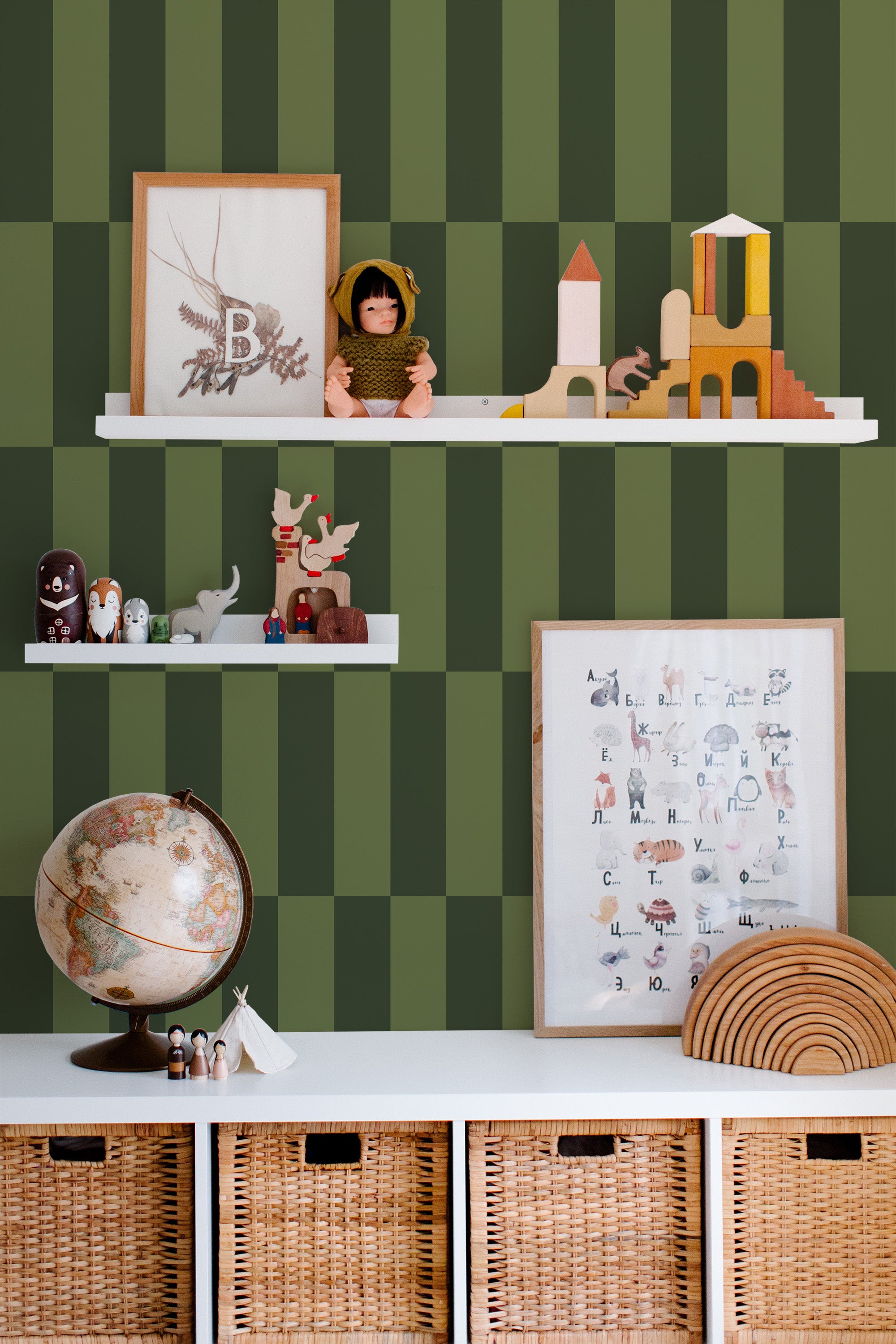 kids room toys pictures decor shelf boxes green geometric wallpaper for walls