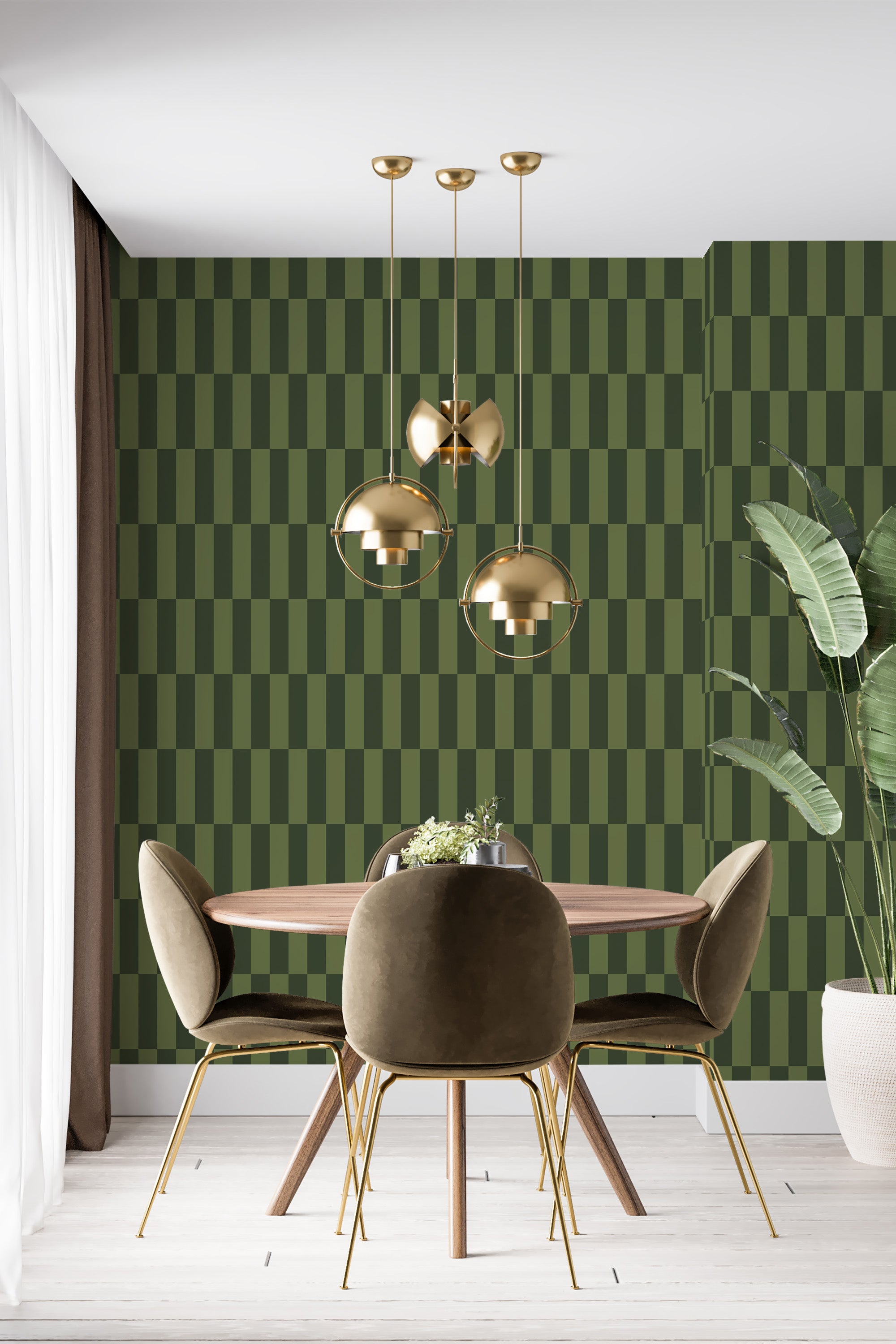 modern dining area velour chair plant green geometric accent wall