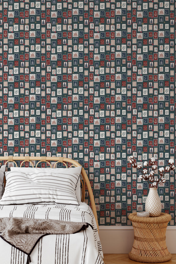 cozy bedroom interior rattan furniture decor christmas postage stamps accent wall