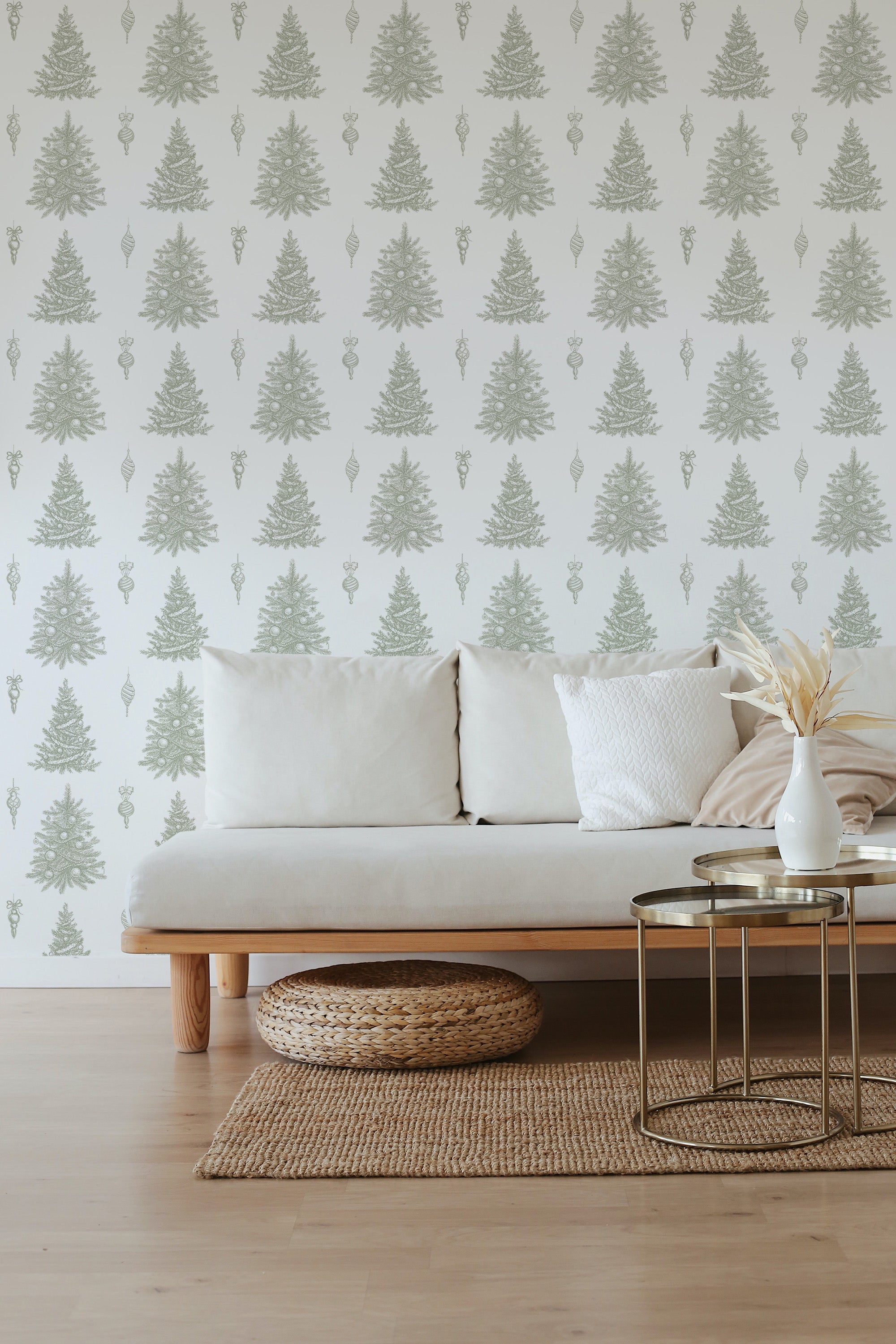 self stick wallpaper vintage christmas trees pattern living room elegant sofa coffee table
