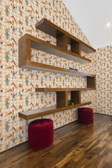 modern living room shelf velour puff chairs vintage circus artists wallpaper stick and peel