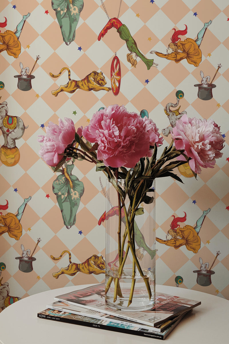 peonies magazines coffee table modern interior vintage circus artists wall paper peel and stick