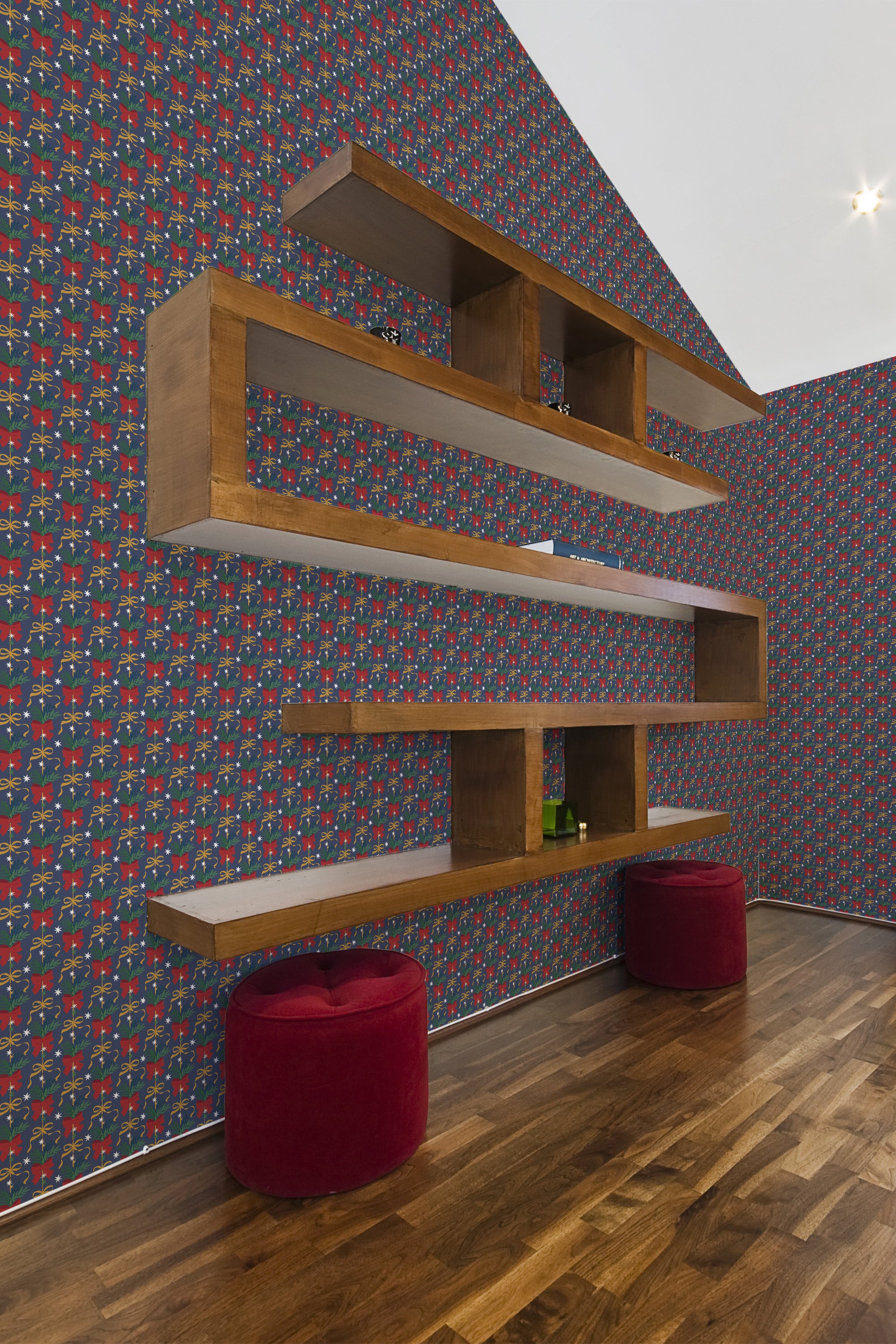 modern living room shelf velour puff chairs vintage christmas bows wallpaper stick and peel