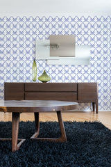 contemporary living room dark wood furniture trellis bows peel and stick wallpaper