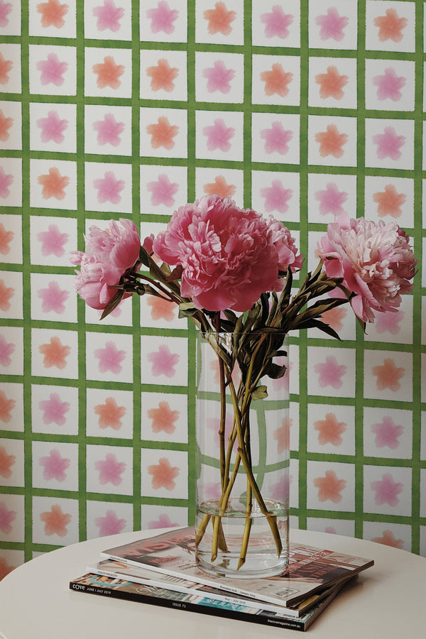 peonies magazines coffee table modern interior plaid stars wall paper peel and stick
