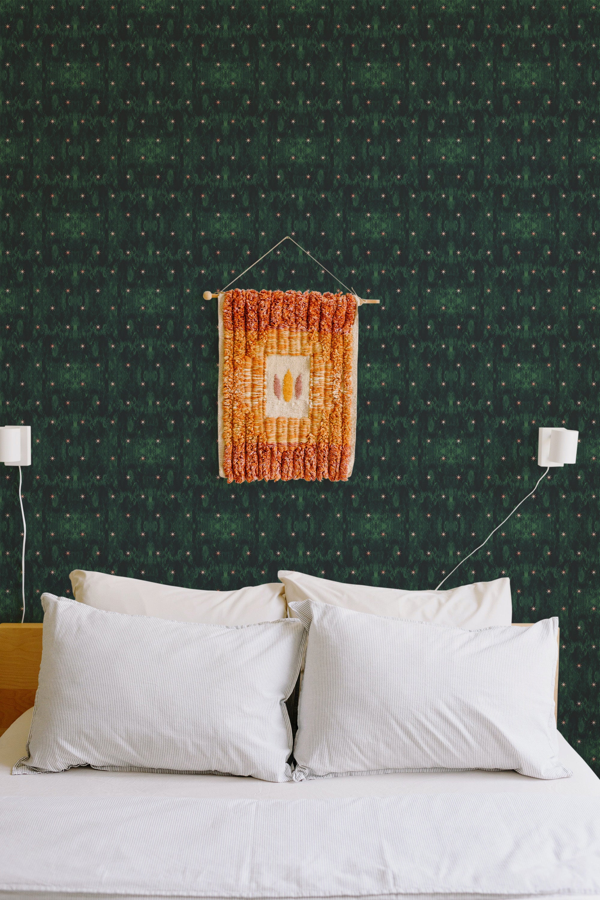 cozy bedroom pillows double bed wall decor moody emerald stars removable wallpaper