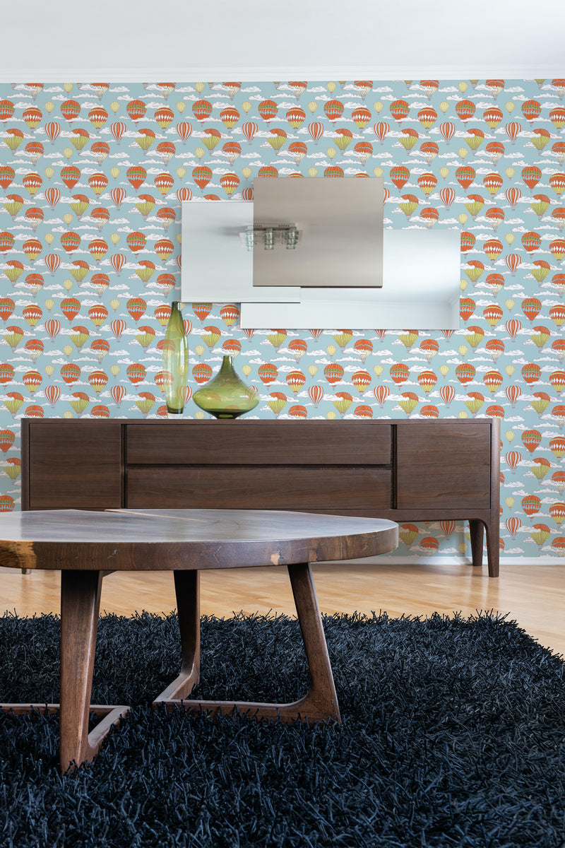 contemporary living room dark wood furniture vintage hot air balloons peel and stick wallpaper