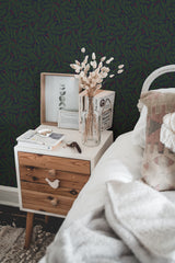 chic bedroom interior nightstand picture frame decor dark christmas branch traditional wallpaper