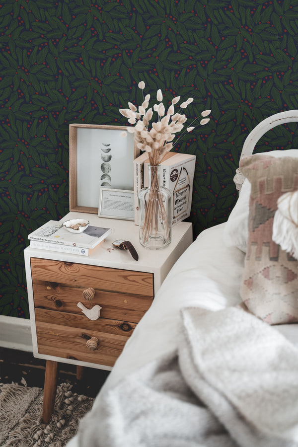 chic bedroom interior nightstand picture frame decor dark christmas branch traditional wallpaper