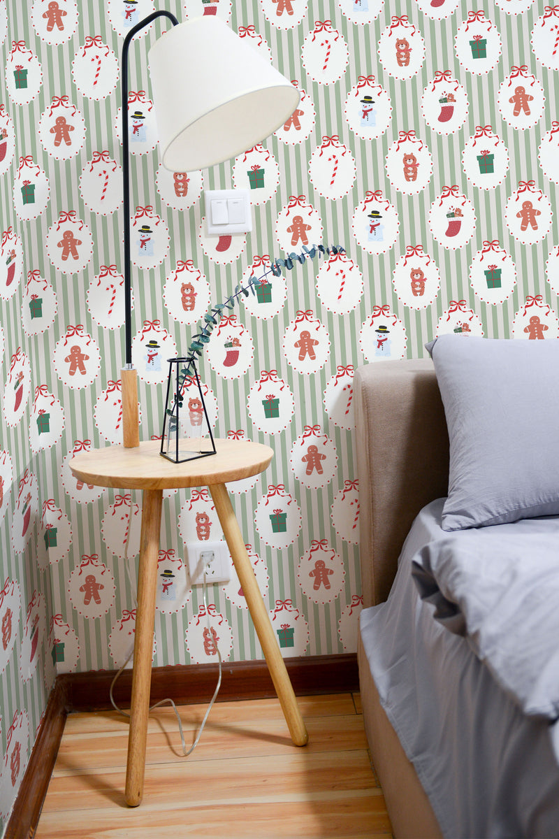 removable wallpaper vintage christmas pattern bedroom accent wall simple interior