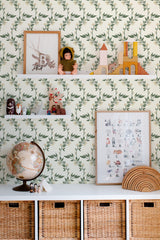 kids room toys pictures decor shelf boxes classic vines wallpaper for walls