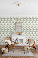 living room fireplace chairs coffee table classic vines accent wall
