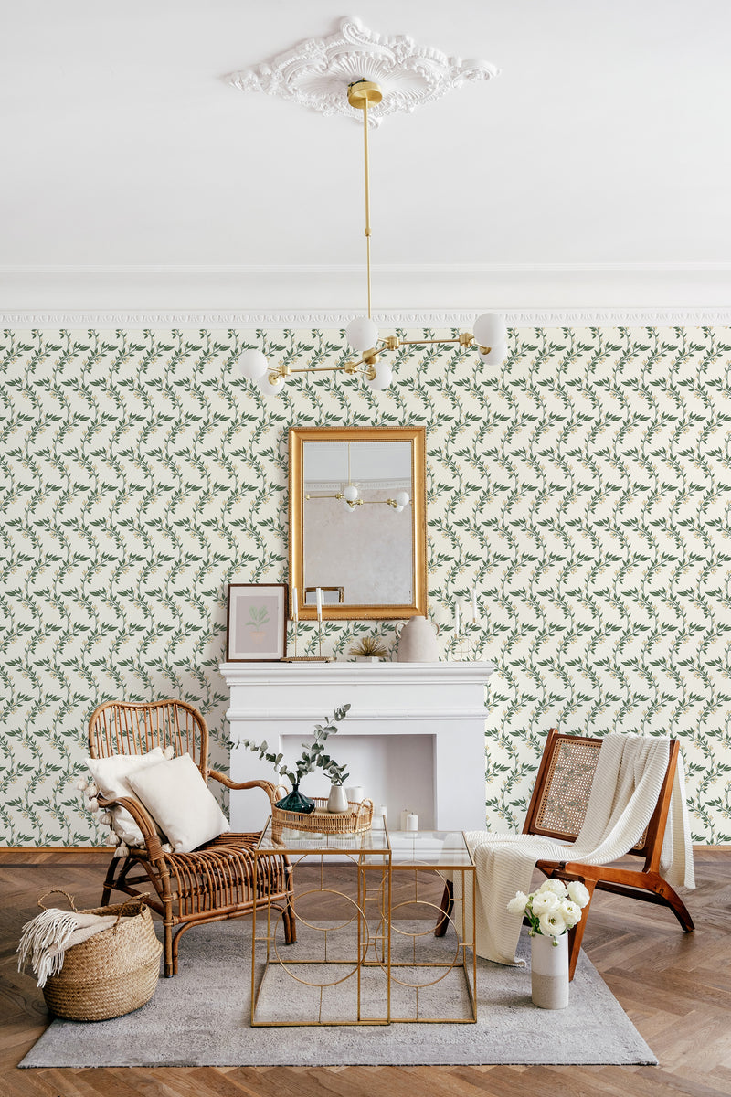 living room fireplace chairs coffee table classic vines accent wall