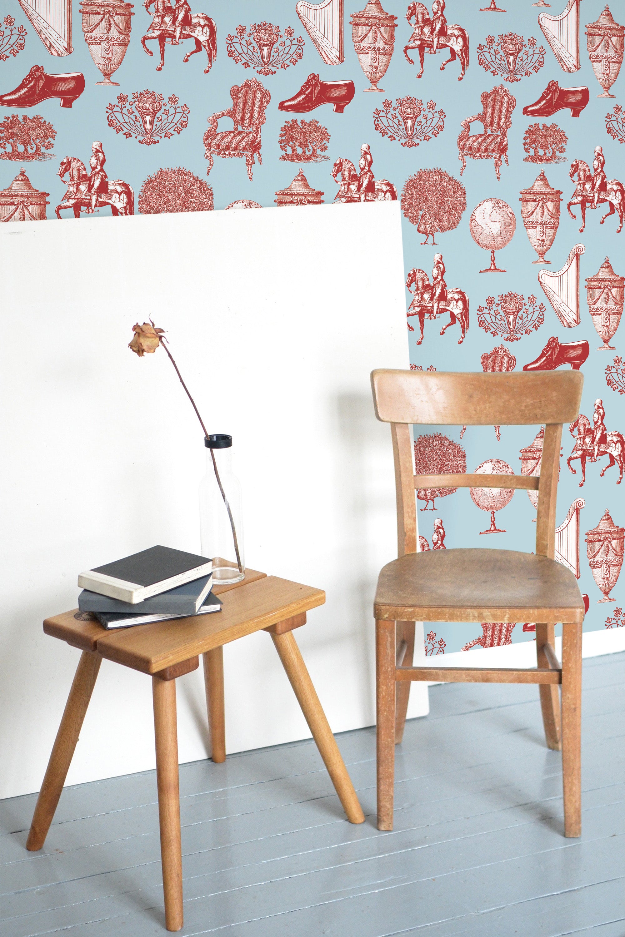wooden table chair decorative plant blank canvas classic toile self adhesive wallpaper