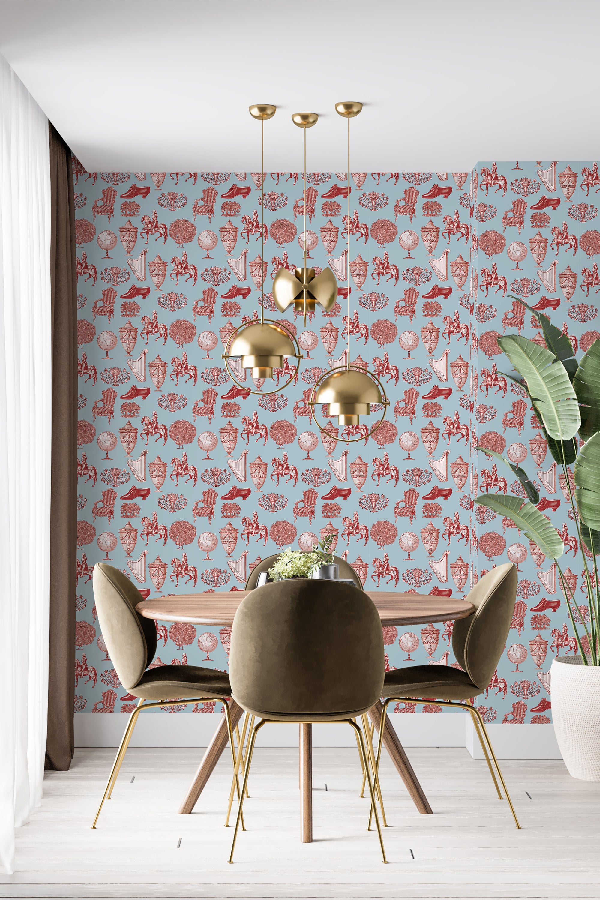 modern dining area velour chair plant classic toile accent wall