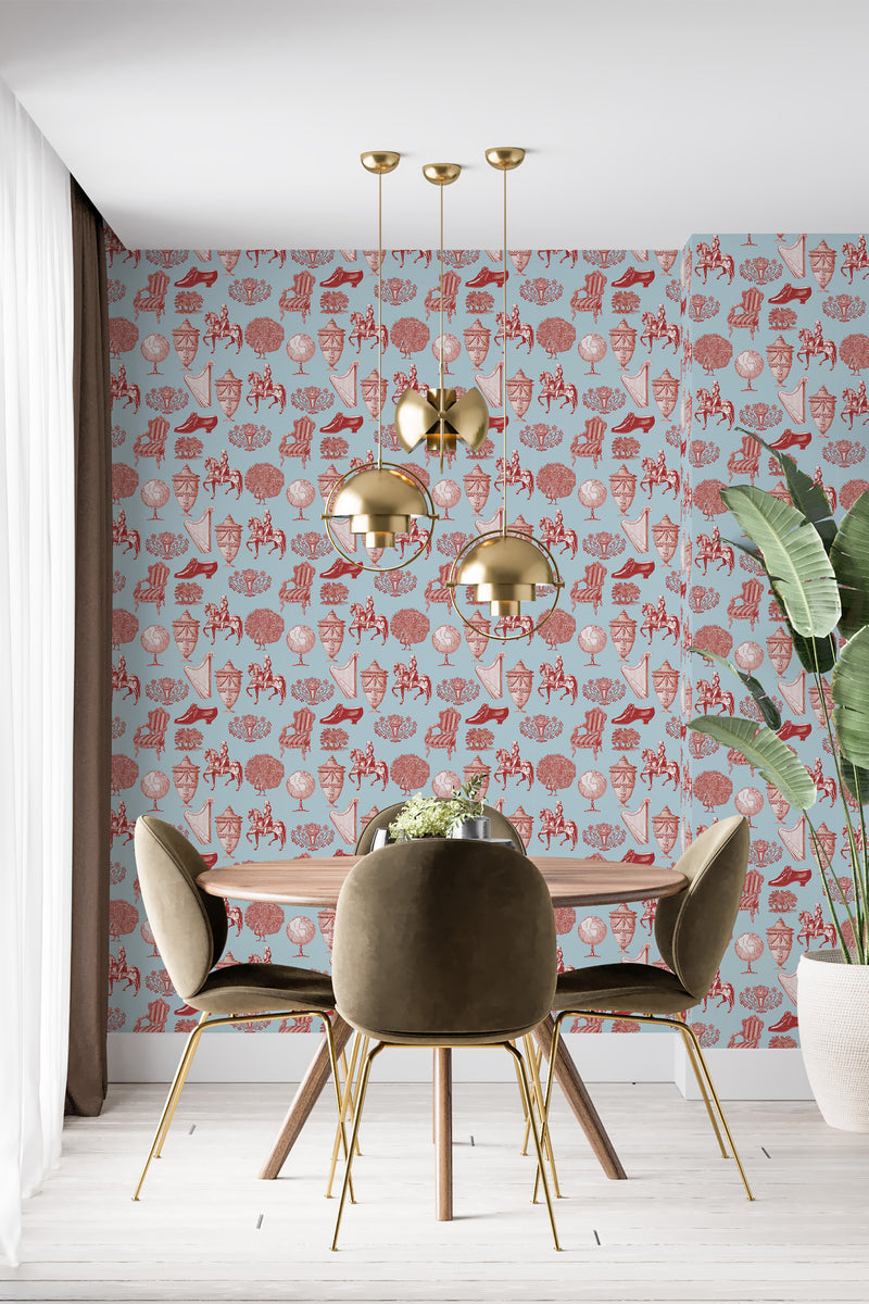 modern dining area velour chair plant classic toile accent wall