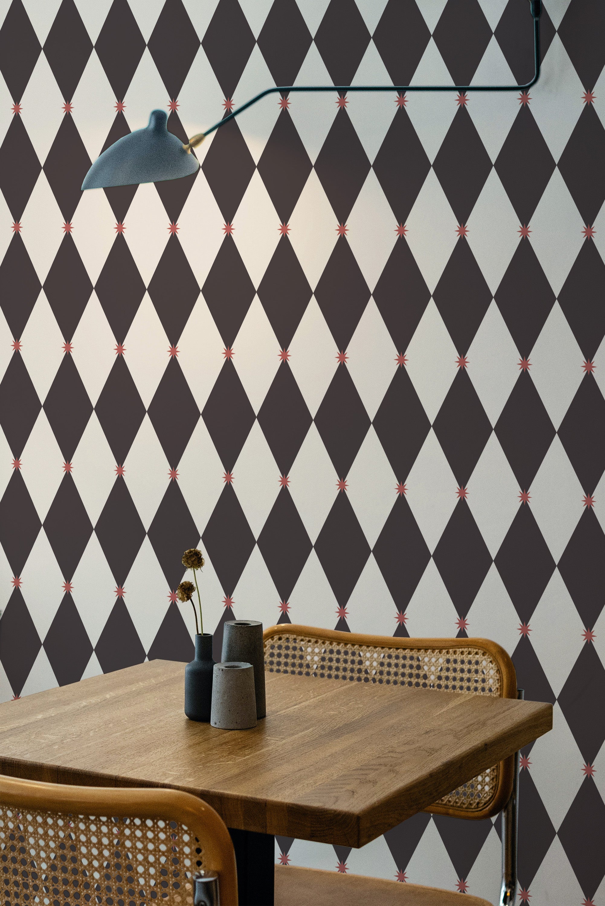 wooden dining table rattan chairs brown harlequin peel and stick wallpaper