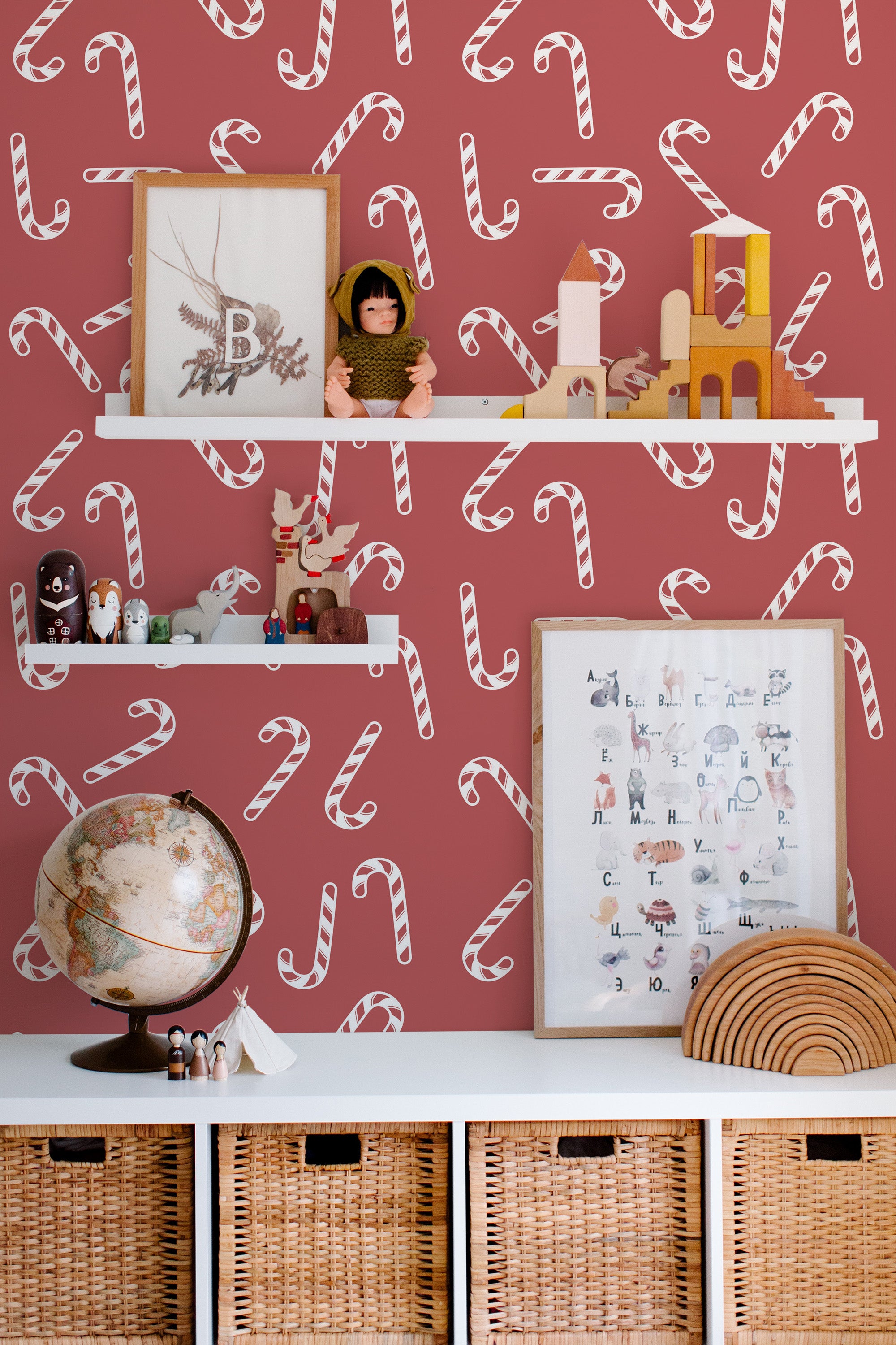 kids room toys pictures decor shelf boxes candy canes wallpaper for walls