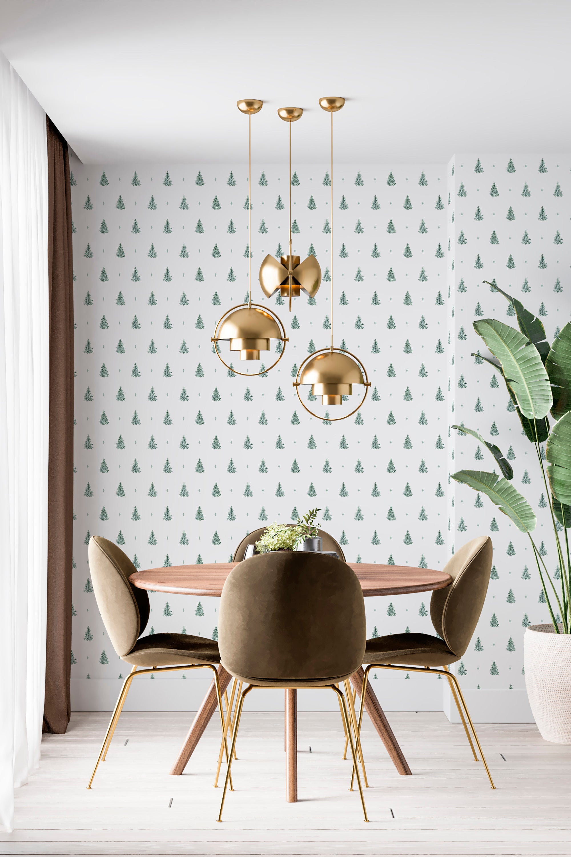 modern dining area velour chair plant green pine trees accent wall