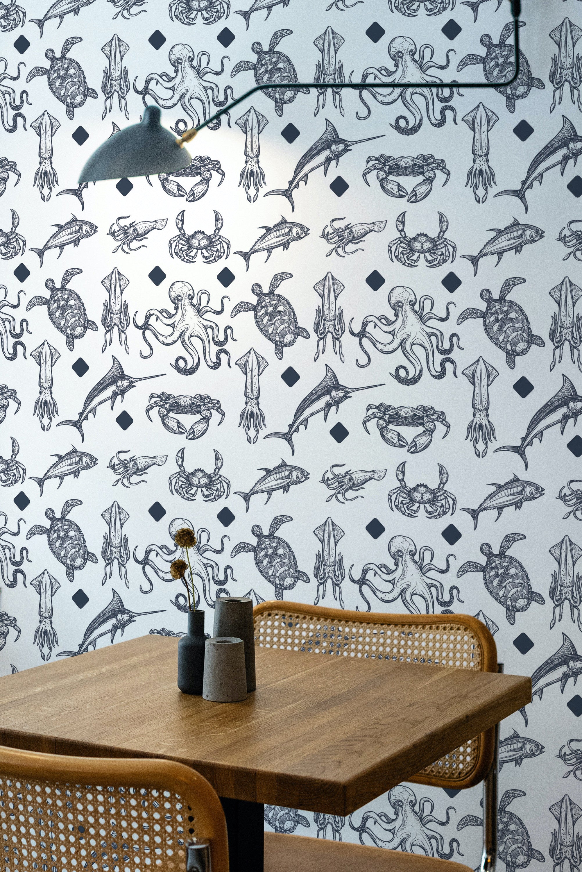 wooden dining table rattan chairs ocean creatures peel and stick wallpaper