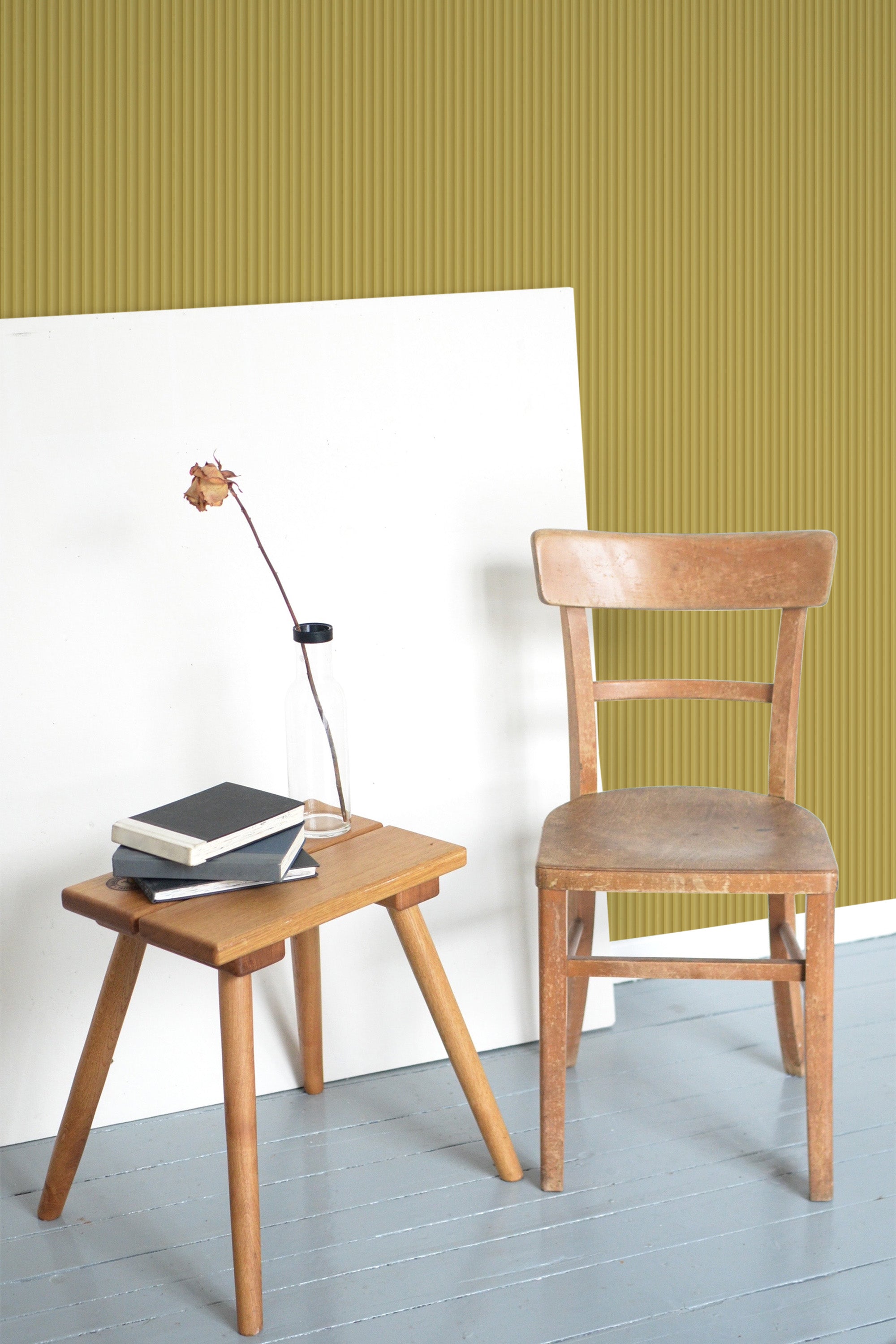 wooden table chair decorative plant blank canvas green fabric look self adhesive wallpaper