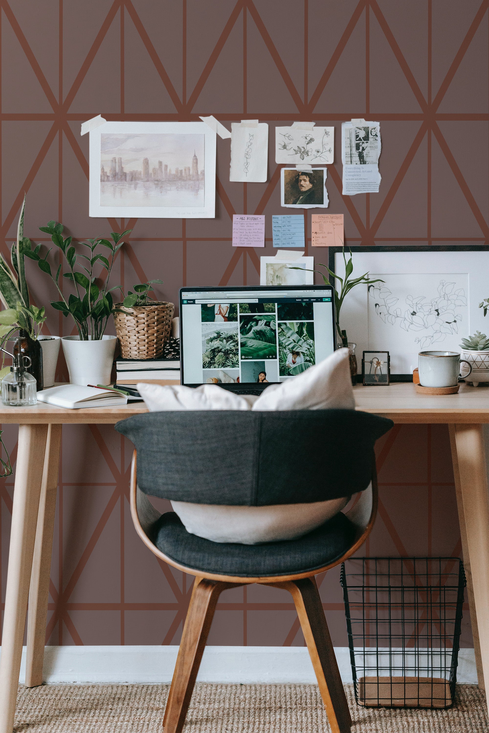 modern home office desk plants posters computer brown geometric stick on wallpaper