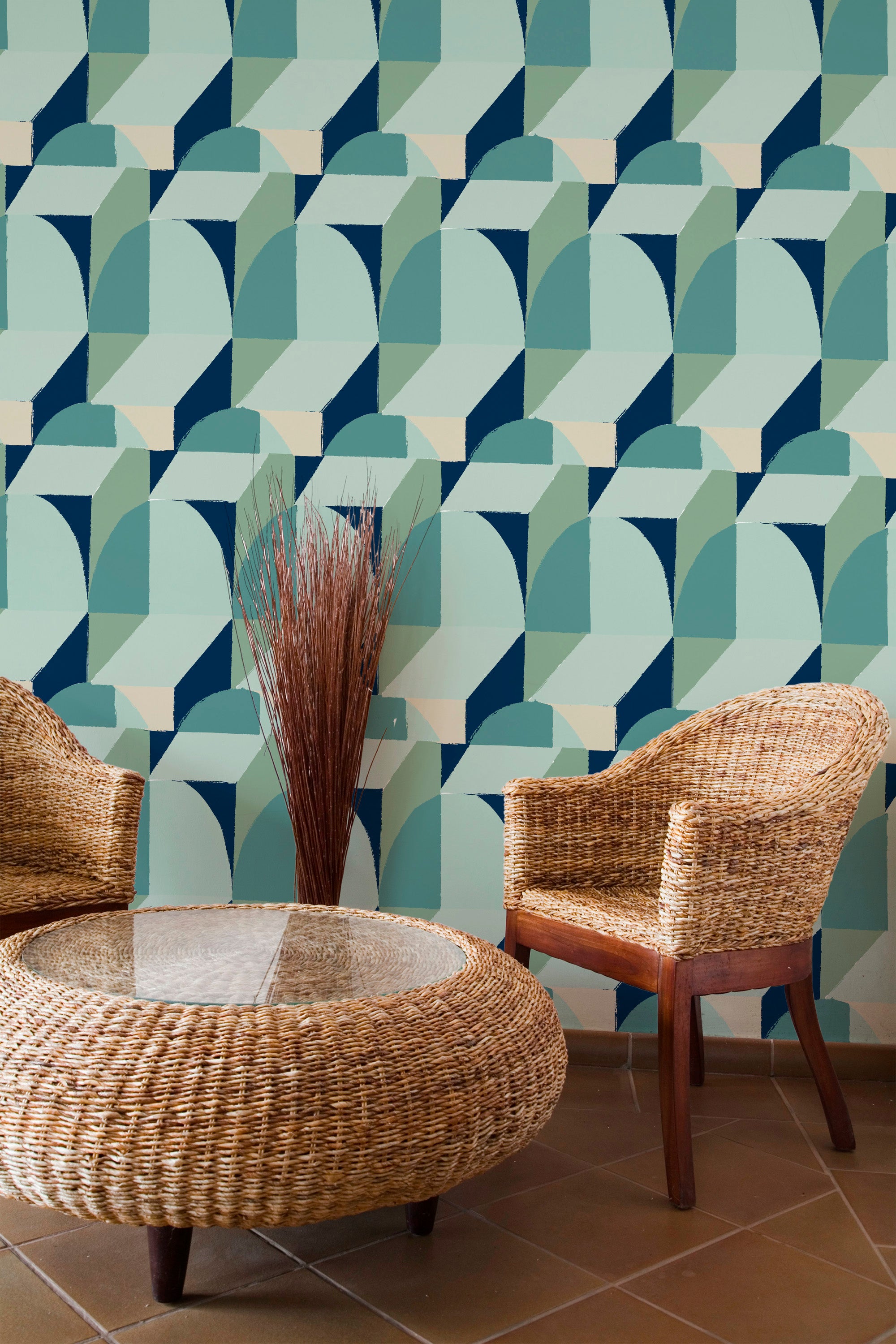 rustic armchairs coffee table lounge minty brush geometric pattern interior