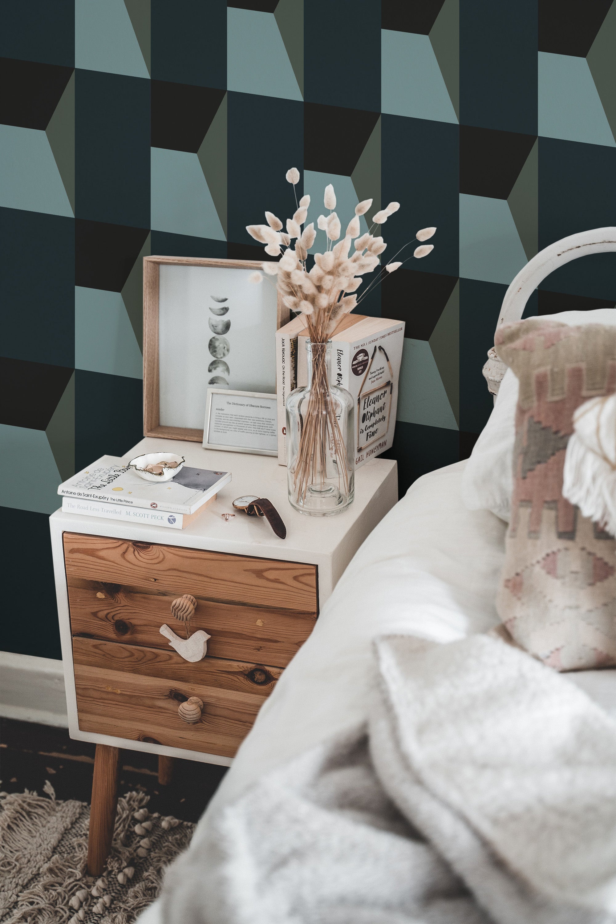 chic bedroom interior nightstand picture frame decor dark geometric traditional wallpaper