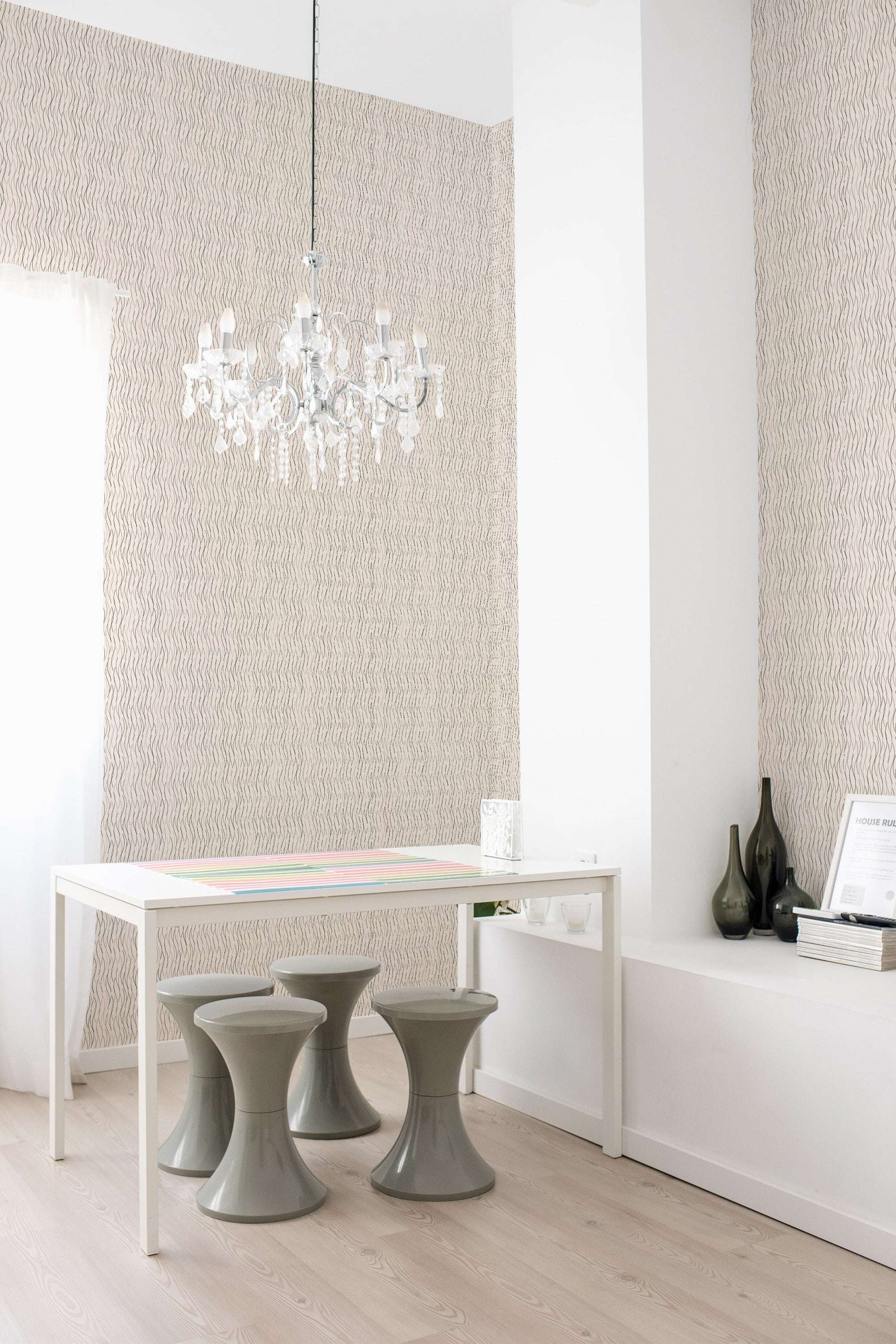 self adhesive wallpaper japandi lines pattern dining room table chandelier home decor