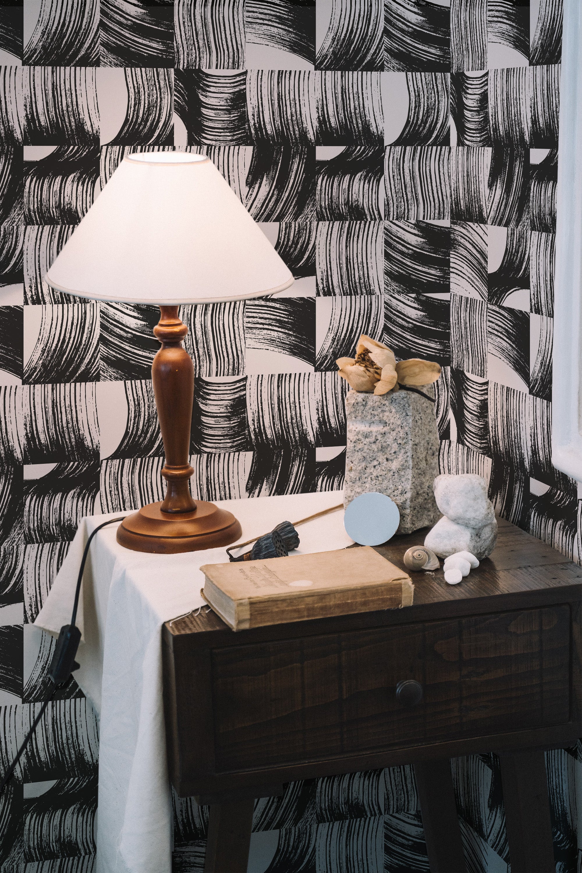 peel and stick wallpaper japandi brush stroke pattern accent wall bedroom nightstand interior