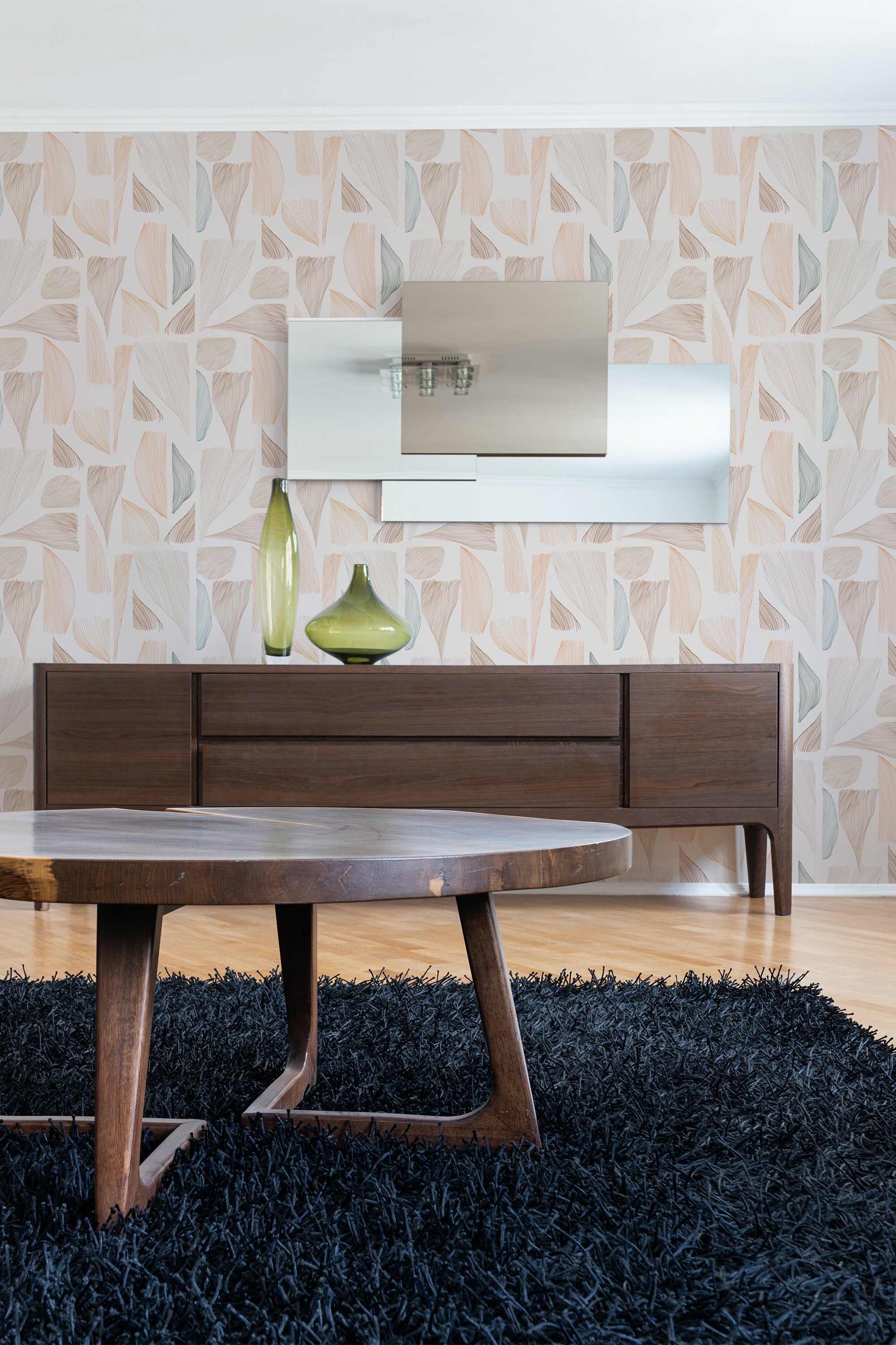 contemporary living room dark wood furniture calm japandi lines peel and stick wallpaper