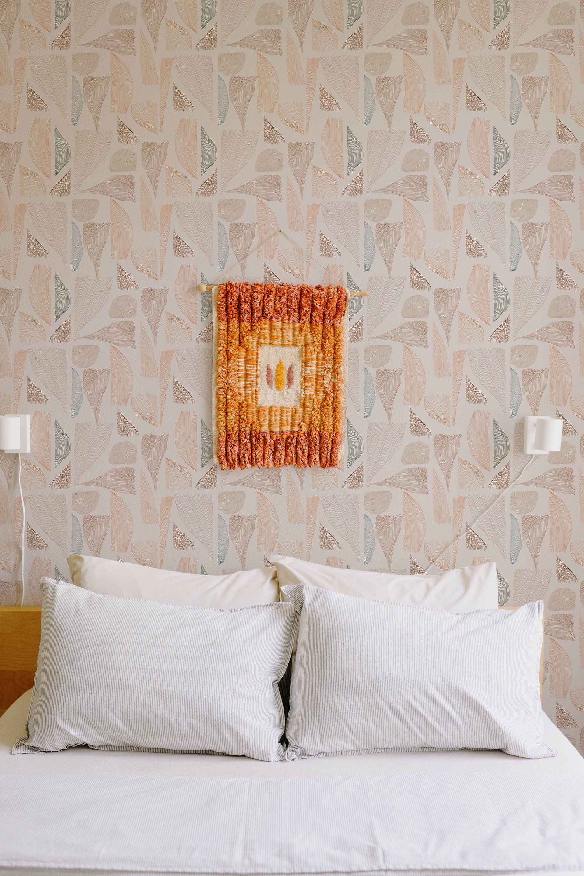 cozy bedroom pillows double bed wall decor calm japandi lines removable wallpaper