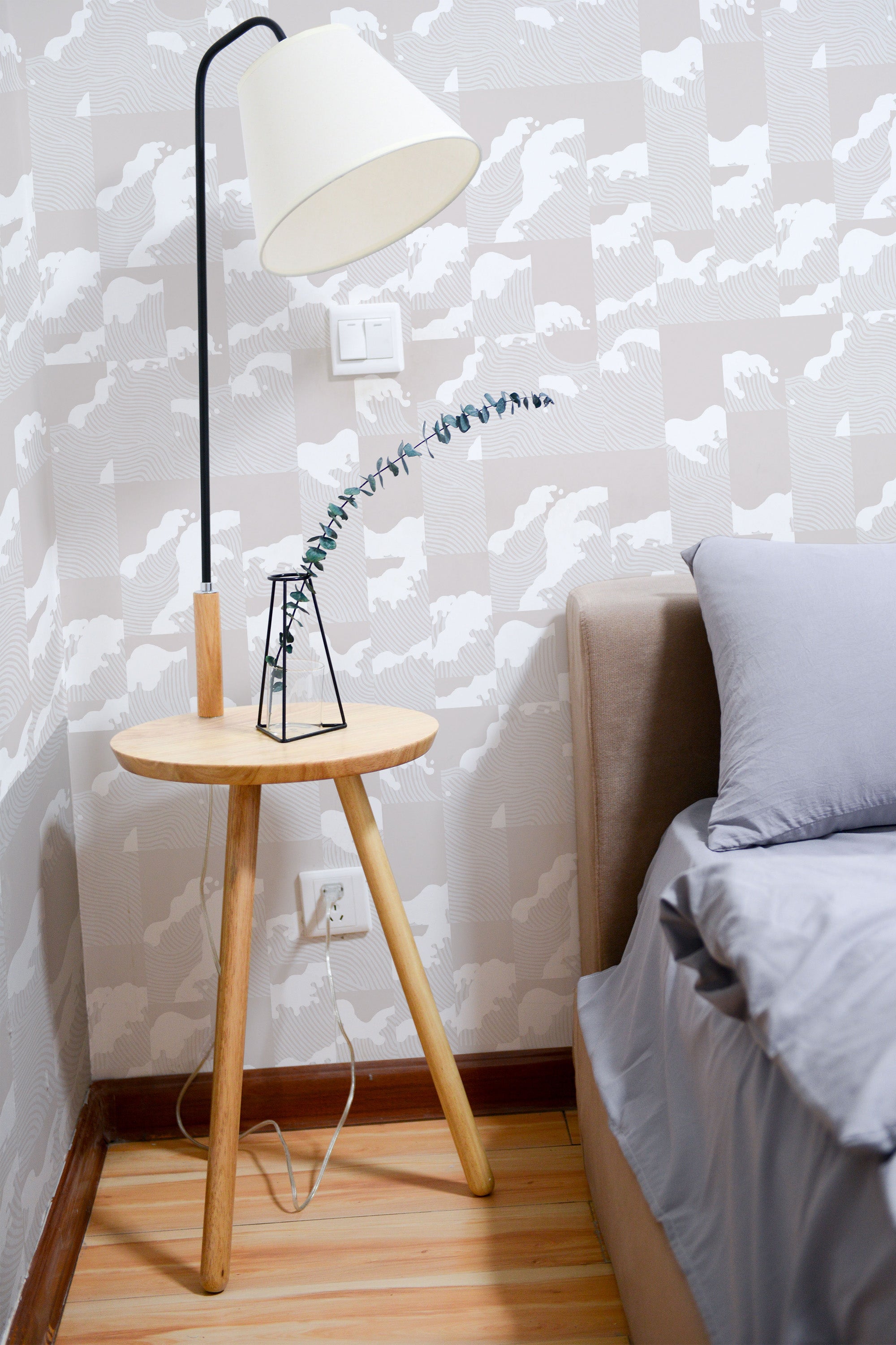 removable wallpaper deconstructed wave pattern bedroom accent wall simple interior