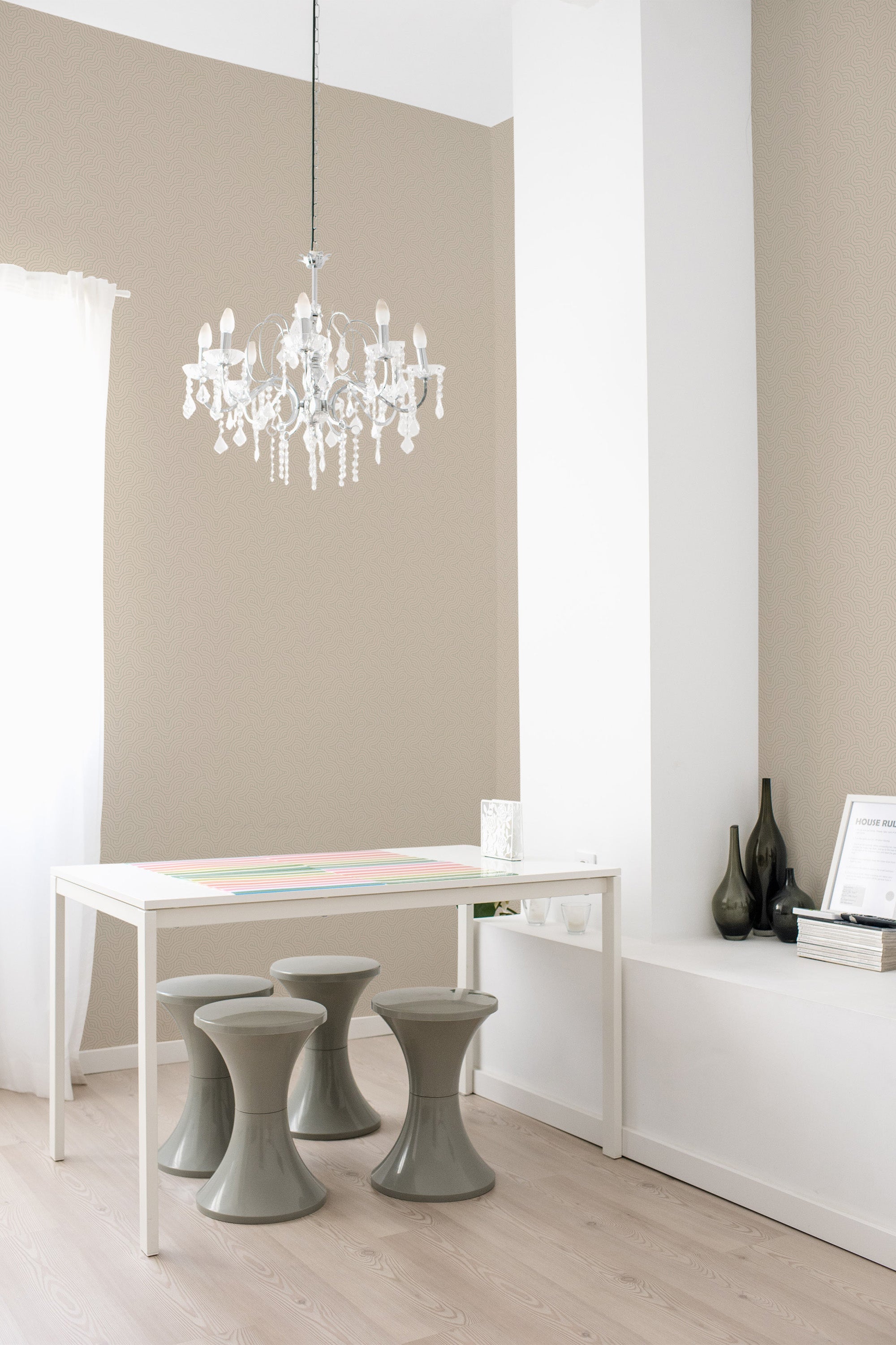 self adhesive wallpaper calm beige geometric pattern dining room table chandelier home decor