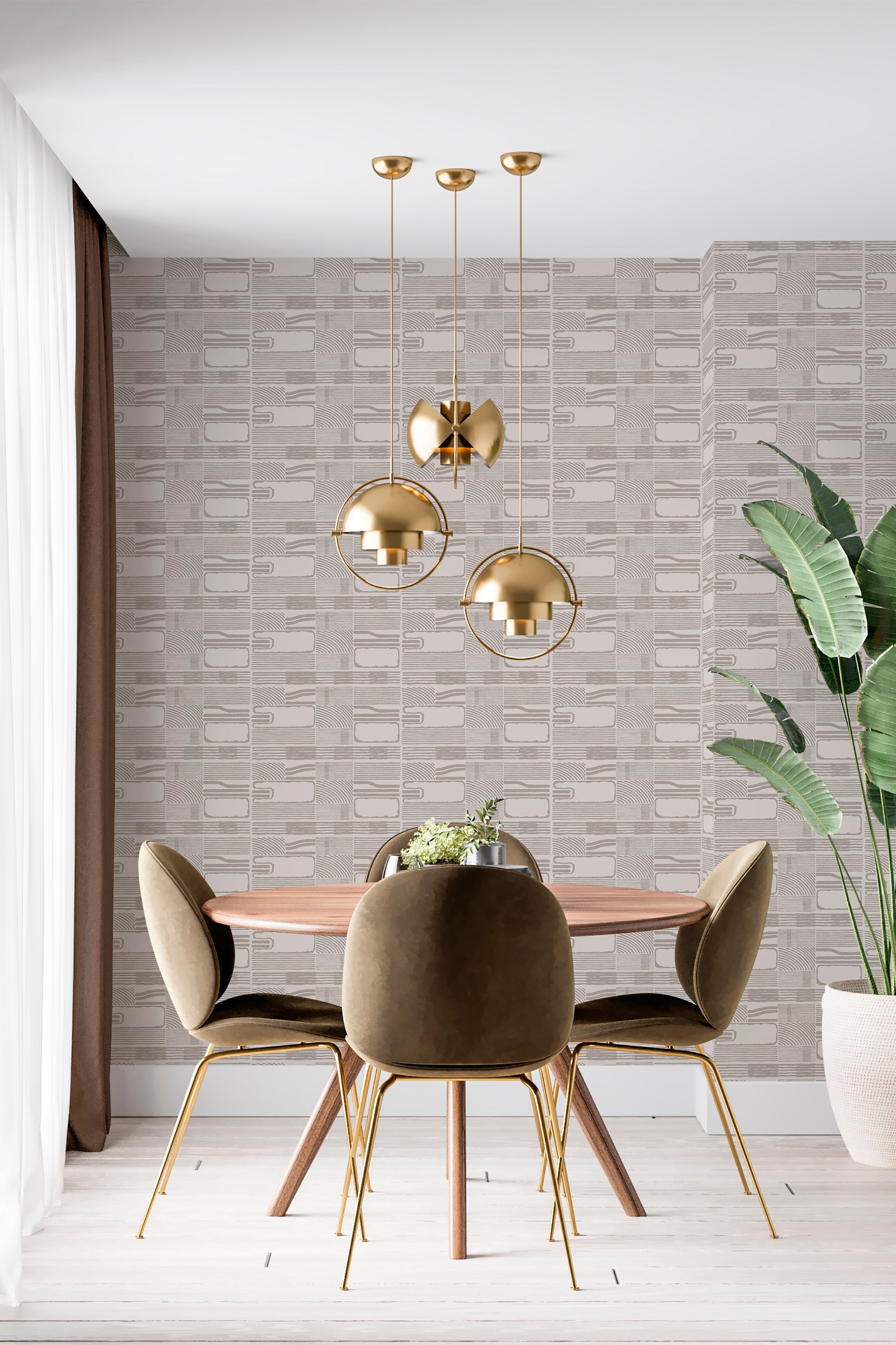modern dining area velour chair plant japandi calm pattern accent wall