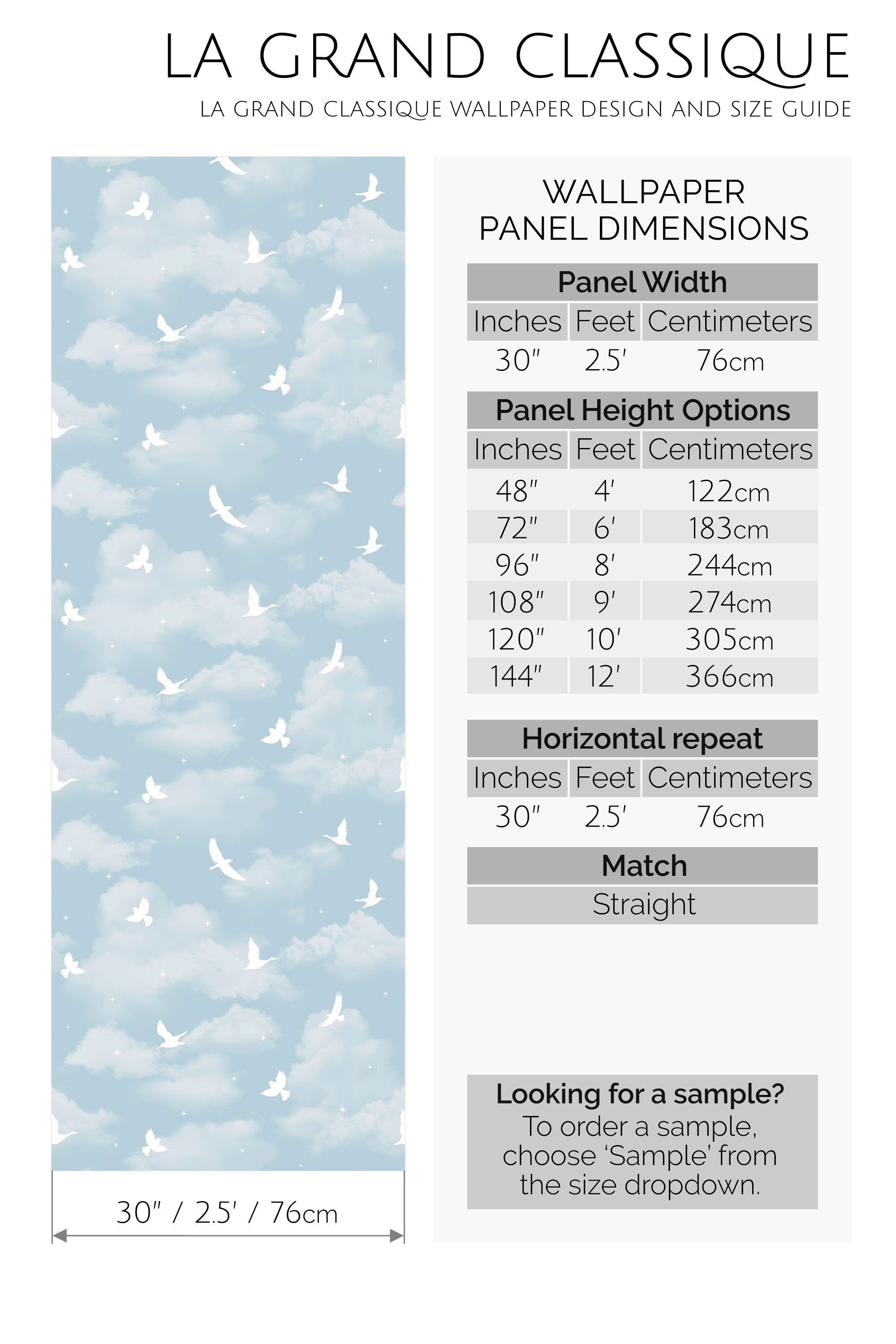 Wallpaper design with cloud and bird pattern and size guide on a white background