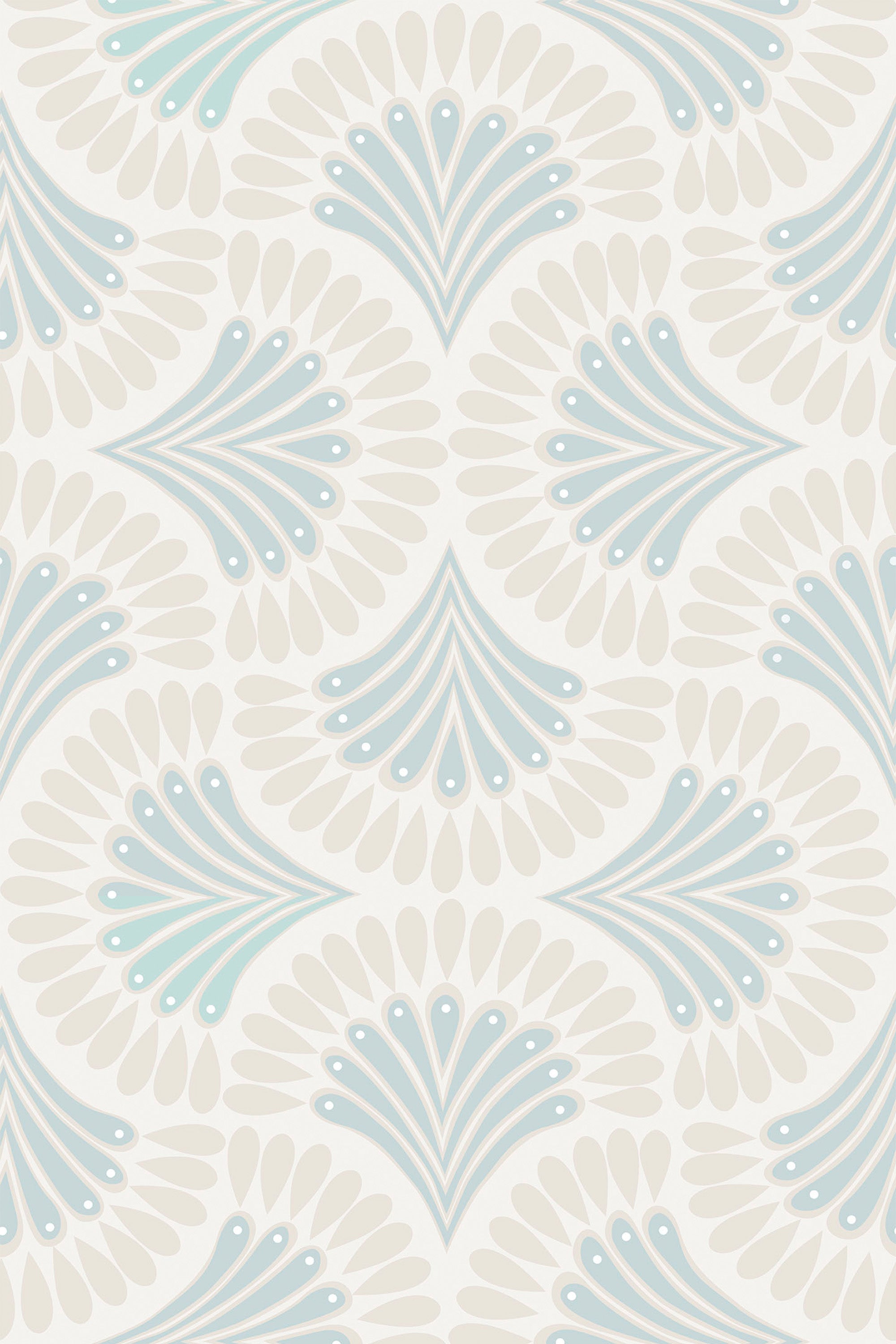 Patterned wallpaper with blue and beige design on a white background