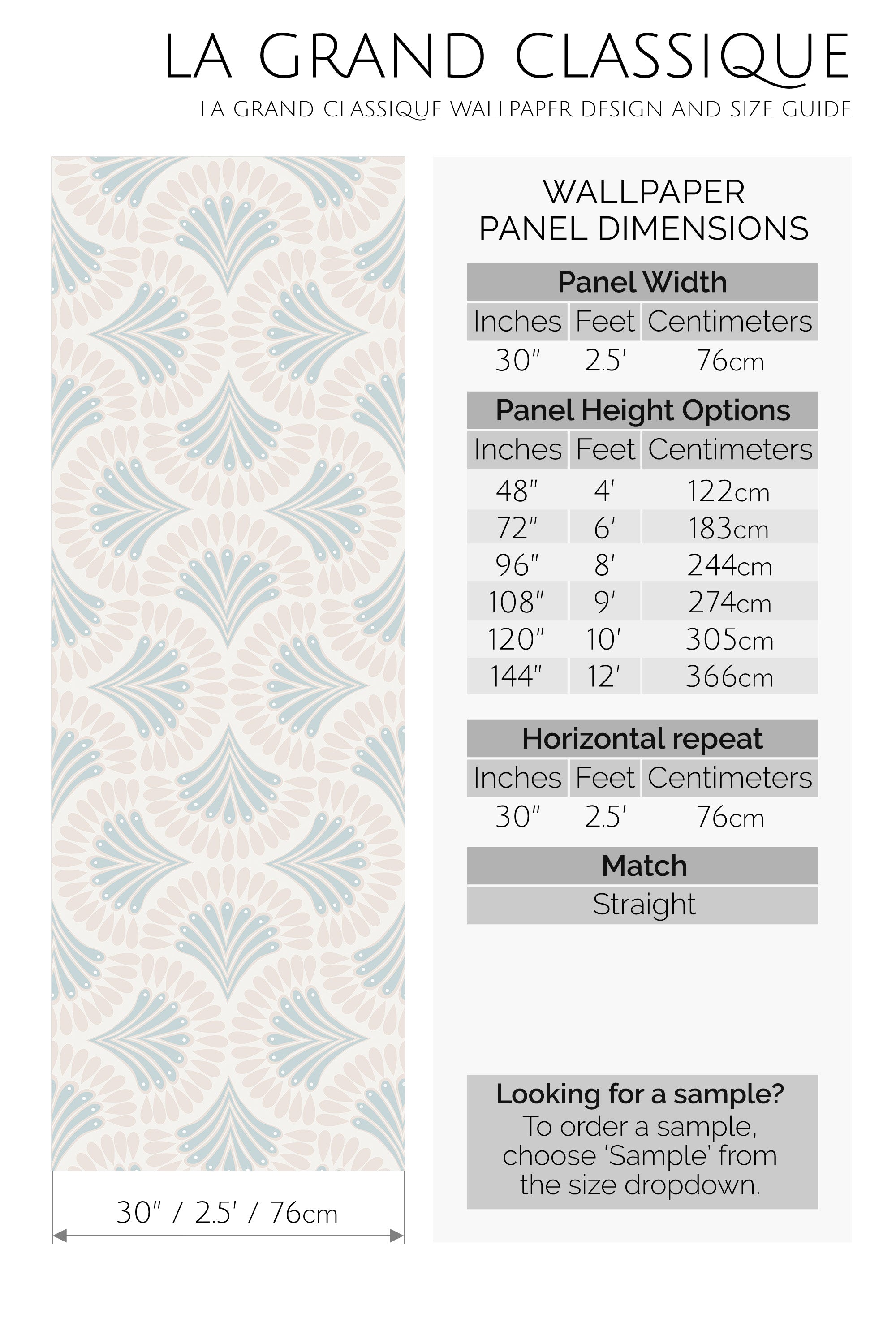 Wallpaper panel size guide showing wallpaper dimensions, repeat information, and sample ordering details for peel and stick wallpaper or traditional non-pasted wallpaper.