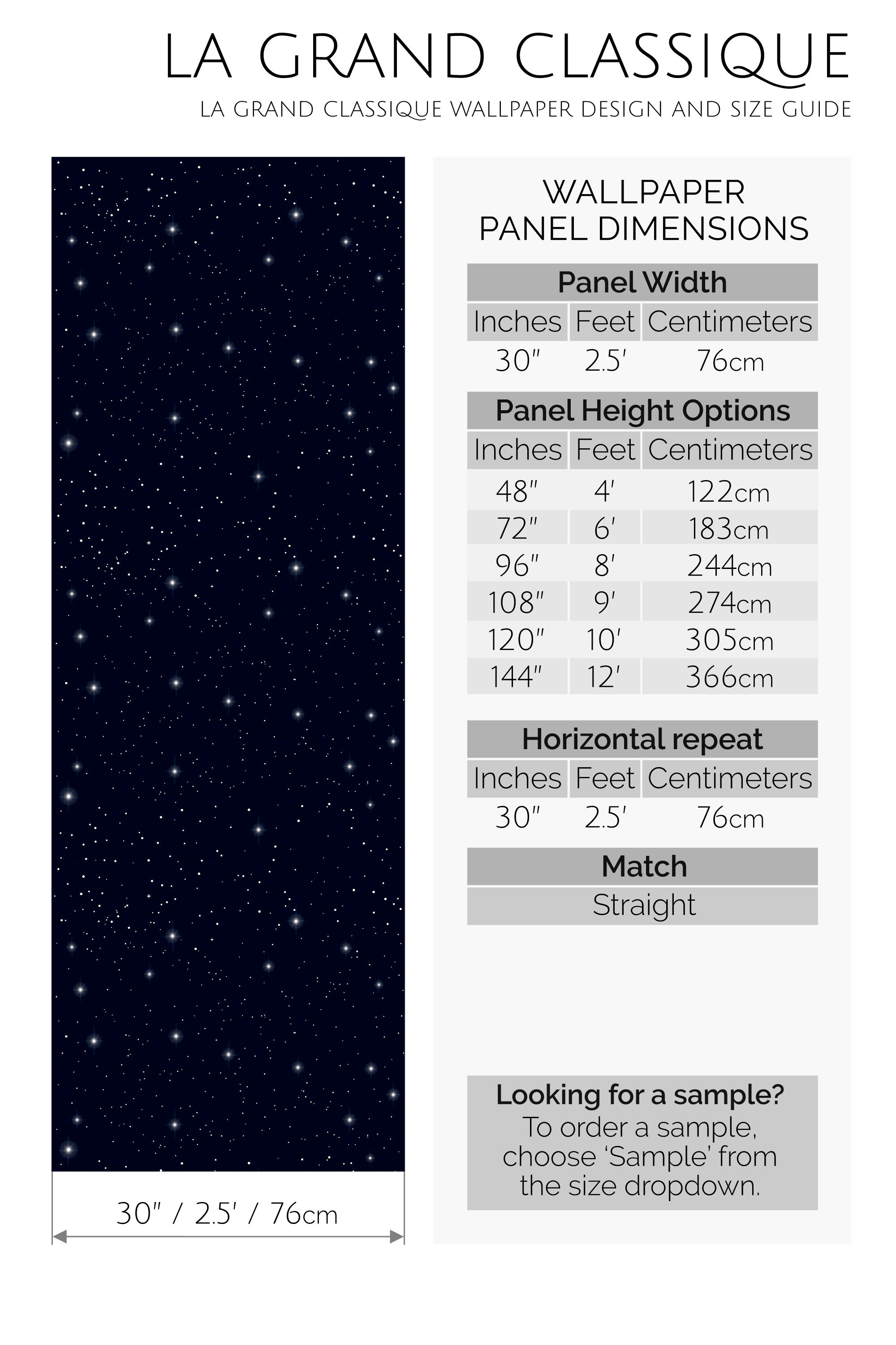 Wallpaper design and size guide with star-patterned wallpaper and dimensions.