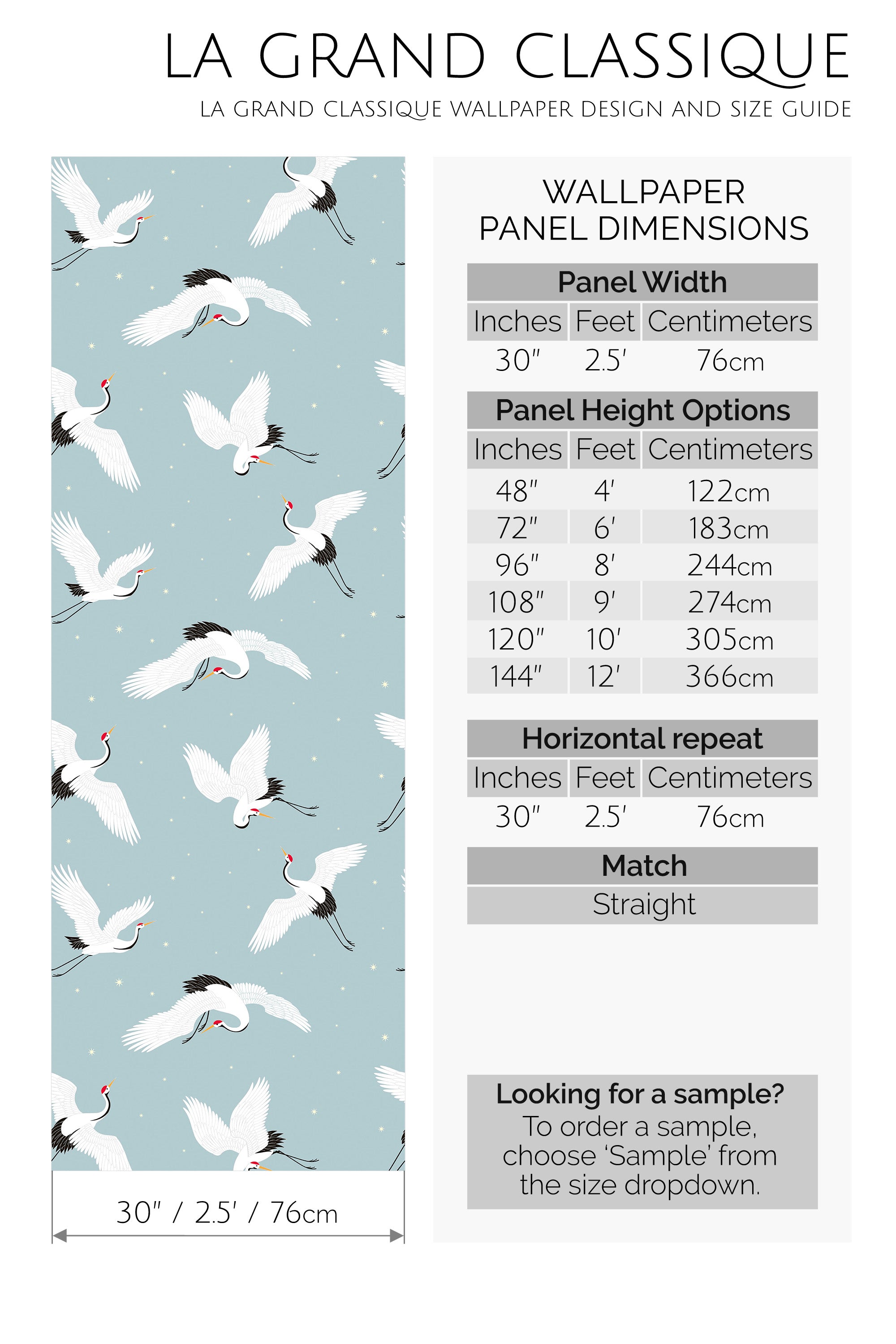 Wallpaper design with crane pattern and size guide on a white background