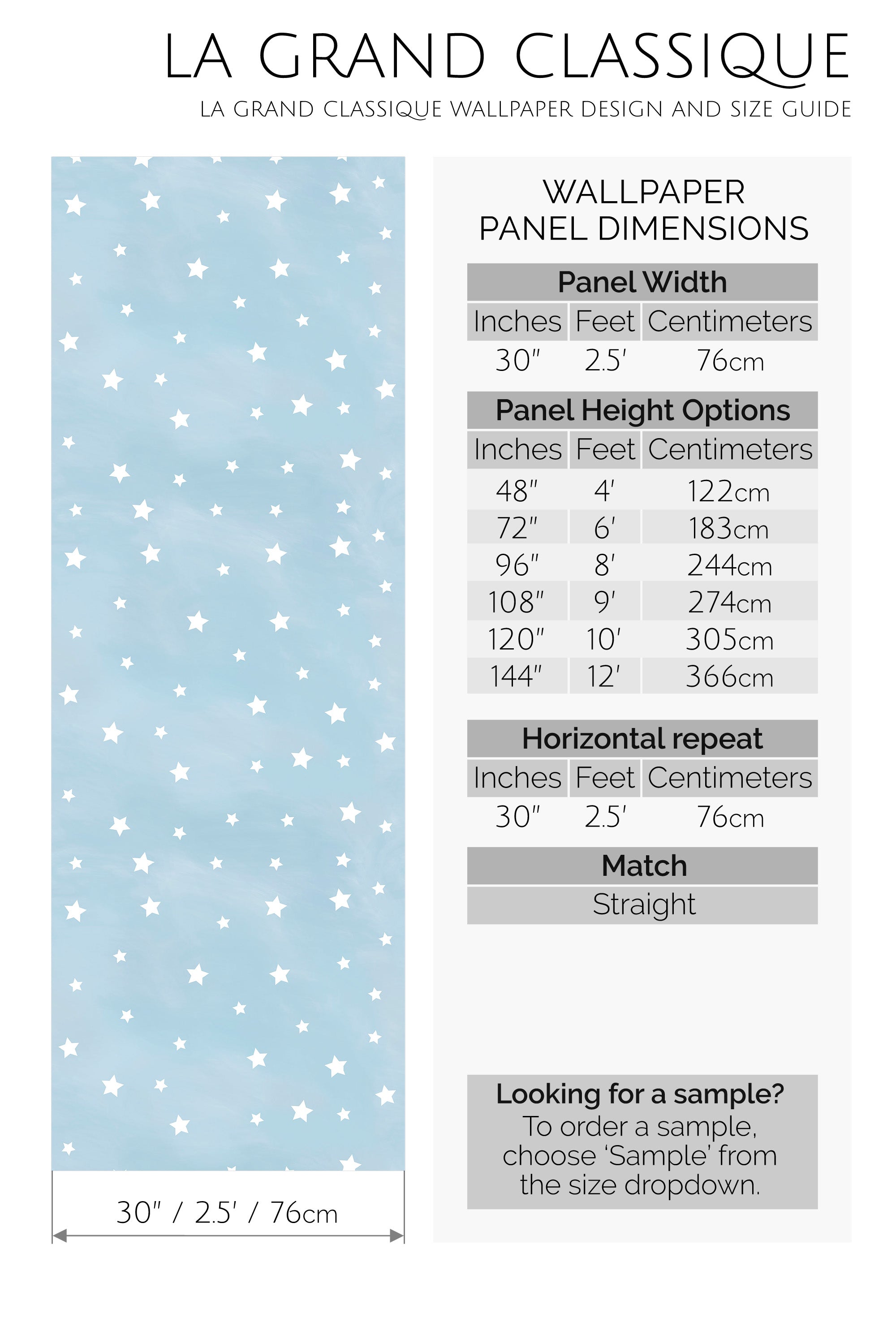 Wallpaper design and size guide with a blue panel featuring white star patterns.