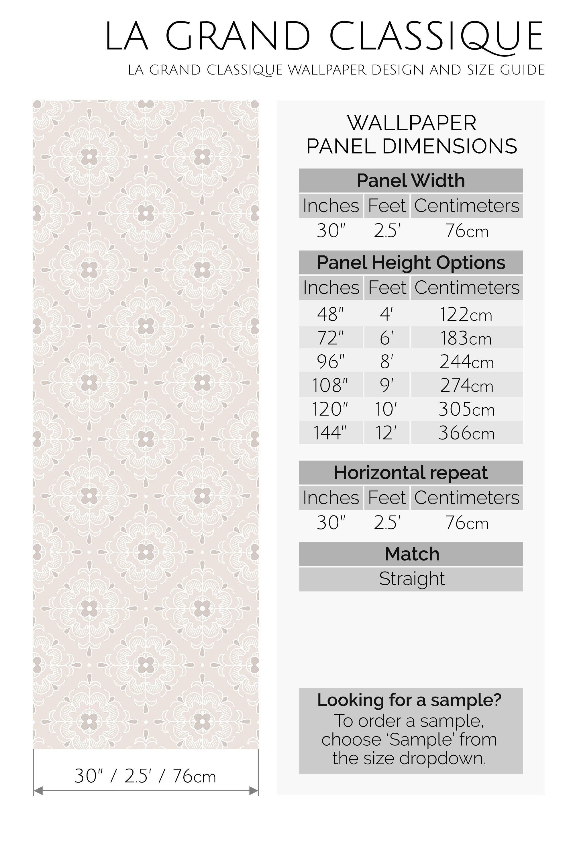 Wallpaper panel design and size guide with patterned wallpaper sample on the left and dimensions on the right.