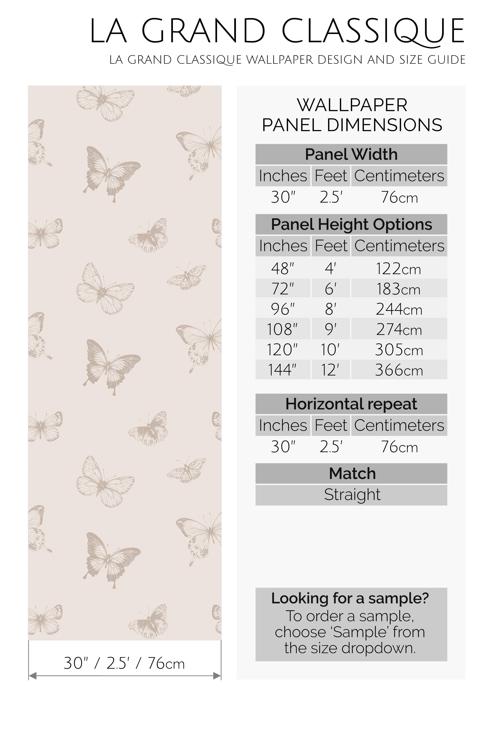 Wallpaper design with butterfly pattern and size guide on a white background