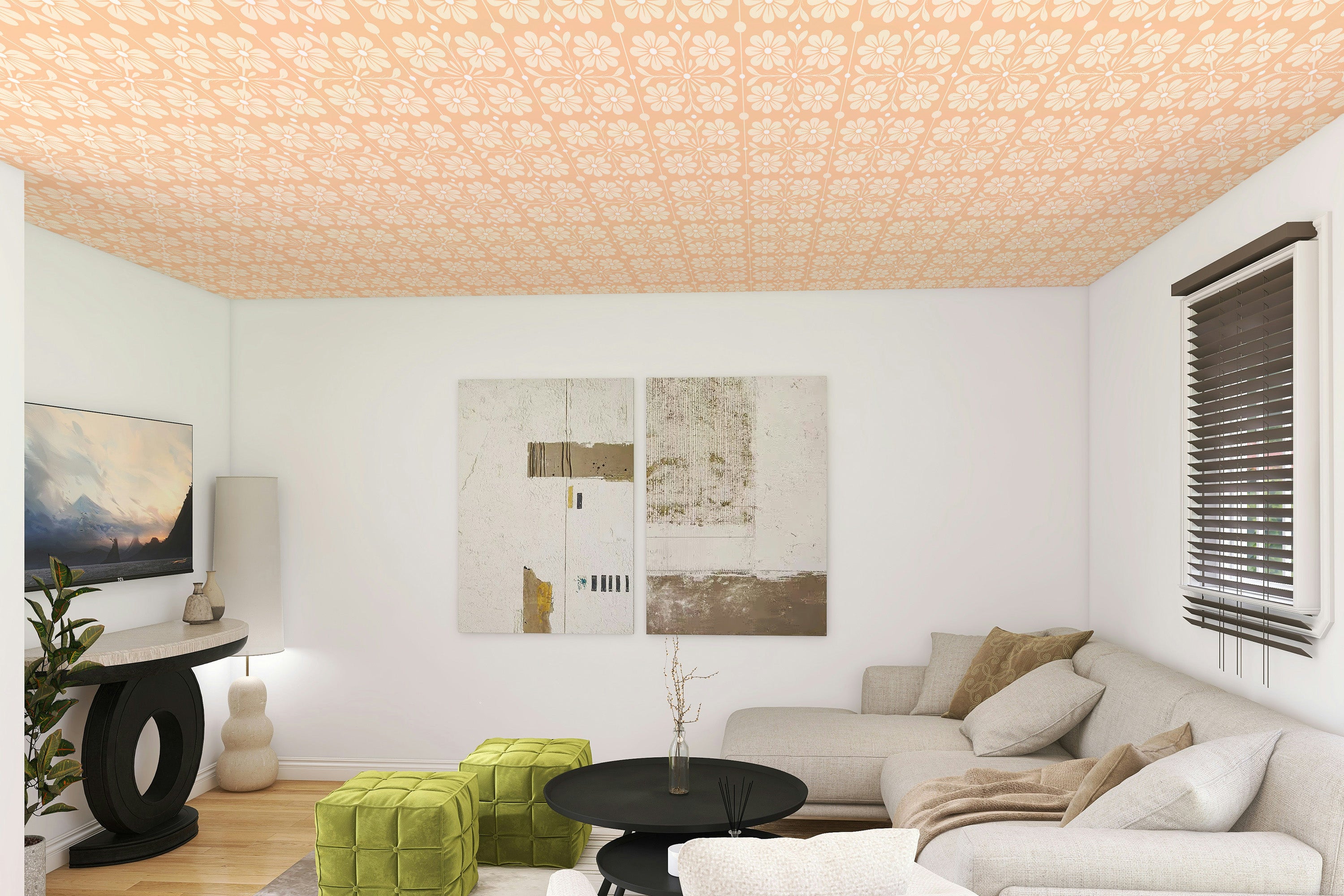 Modern living room with a beige sofa, green cube ottomans, abstract wall art, and orange ceiling wallpaper.